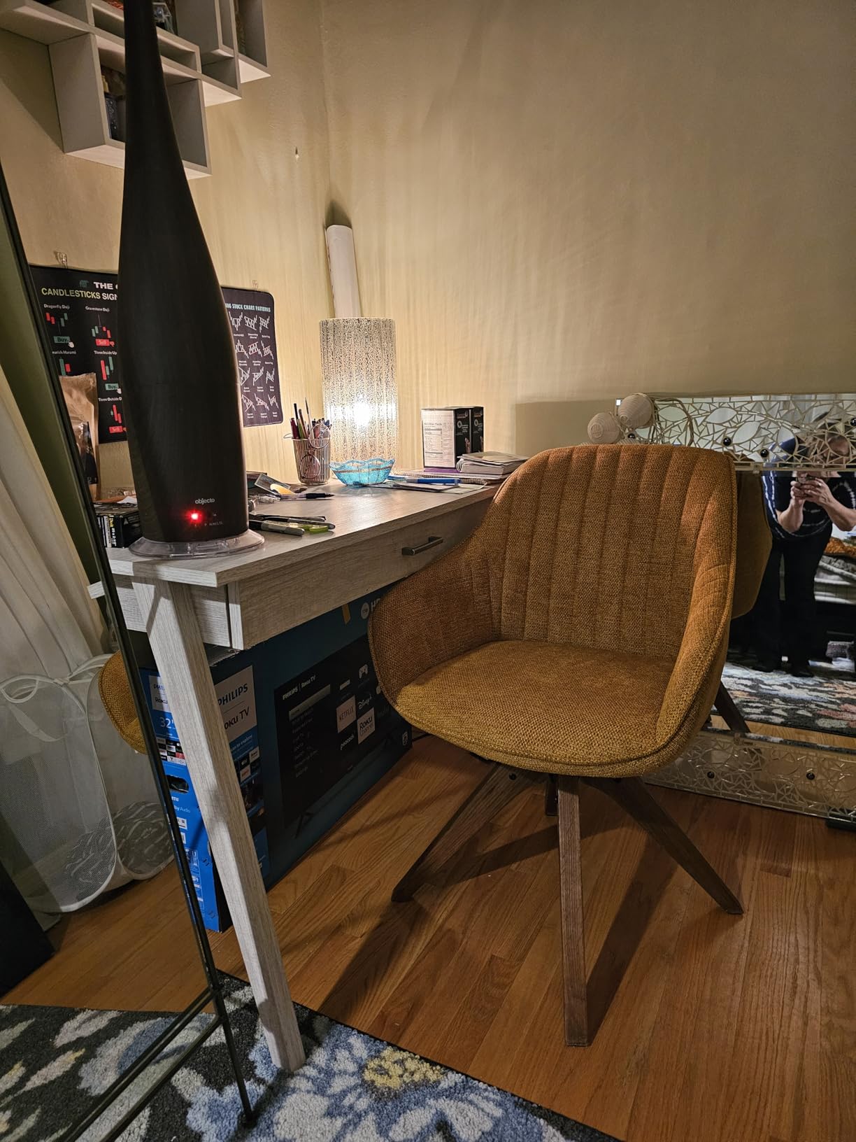 Art Leon Swivel Desk Chair for Home Office, Fabric, Off White | No Wheels, Oka Wood Legs, Mid Century Modern, Upholstered, 360° Swivel, Accent Chair, Living Room, Bedroom customer photo 1