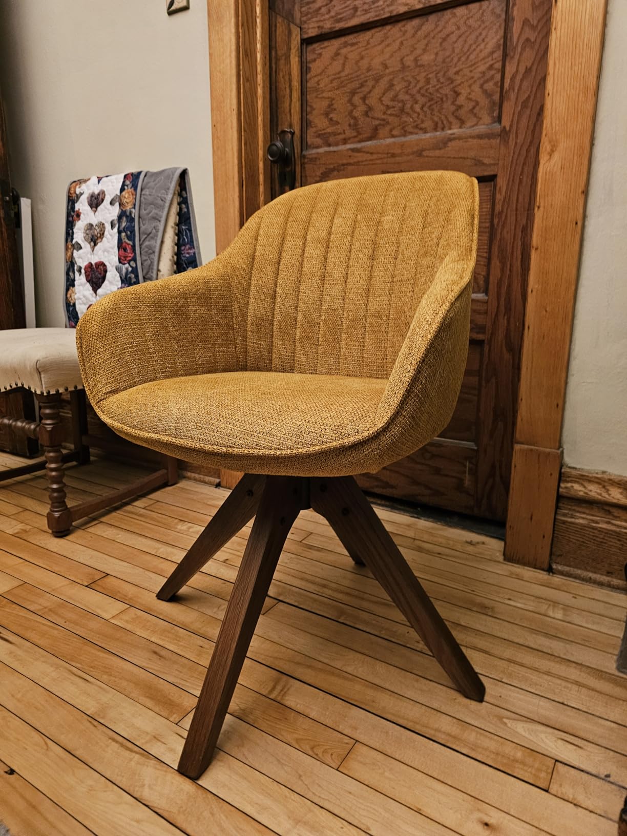 Art Leon Swivel Desk Chair for Home Office, Fabric, Off White | No Wheels, Oka Wood Legs, Mid Century Modern, Upholstered, 360° Swivel, Accent Chair, Living Room, Bedroom customer photo 2