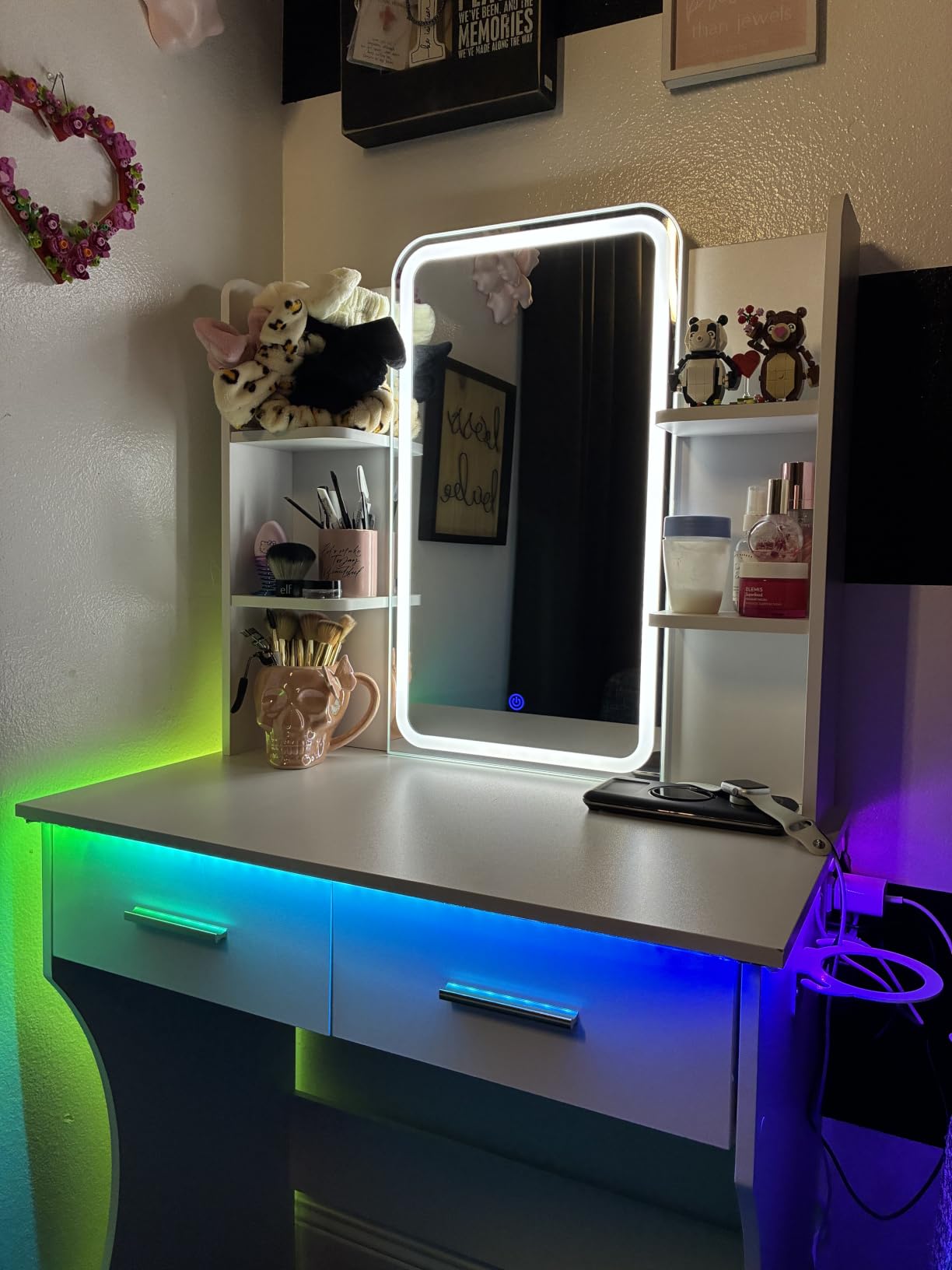 Vanity Desk with LED Lights Mirror & Power Outlet, Small Makeup Vanity Table Set with Storage Drawers & Chair, 3 Lighting Modes & Adjustable Brightness, Dressing Table for Women Girls Bedroom, White customer photo 2