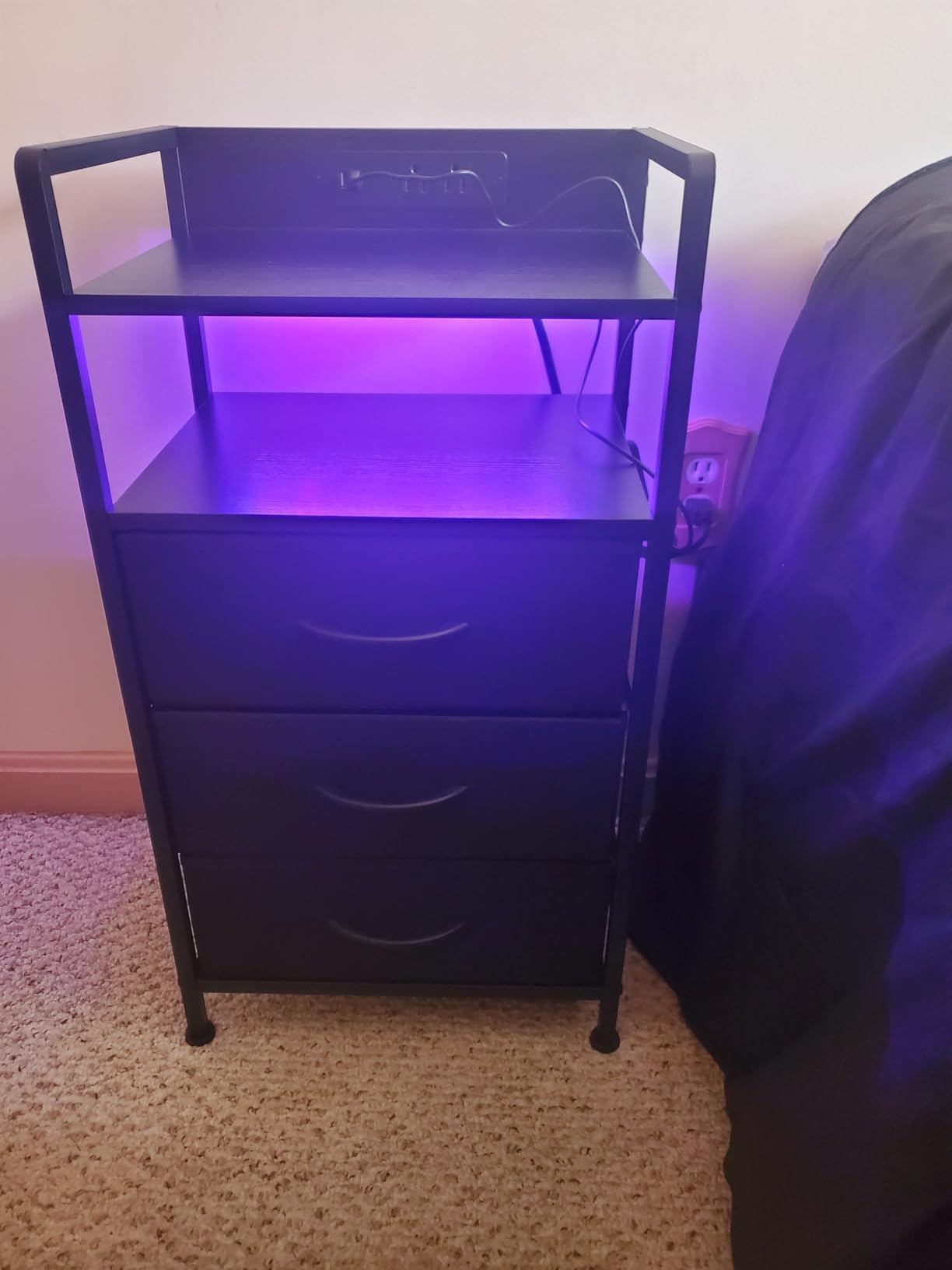 Lazzanto Nightstand with Rear Charging Station, LED Light, 2 Drawers, Black customer photo 1