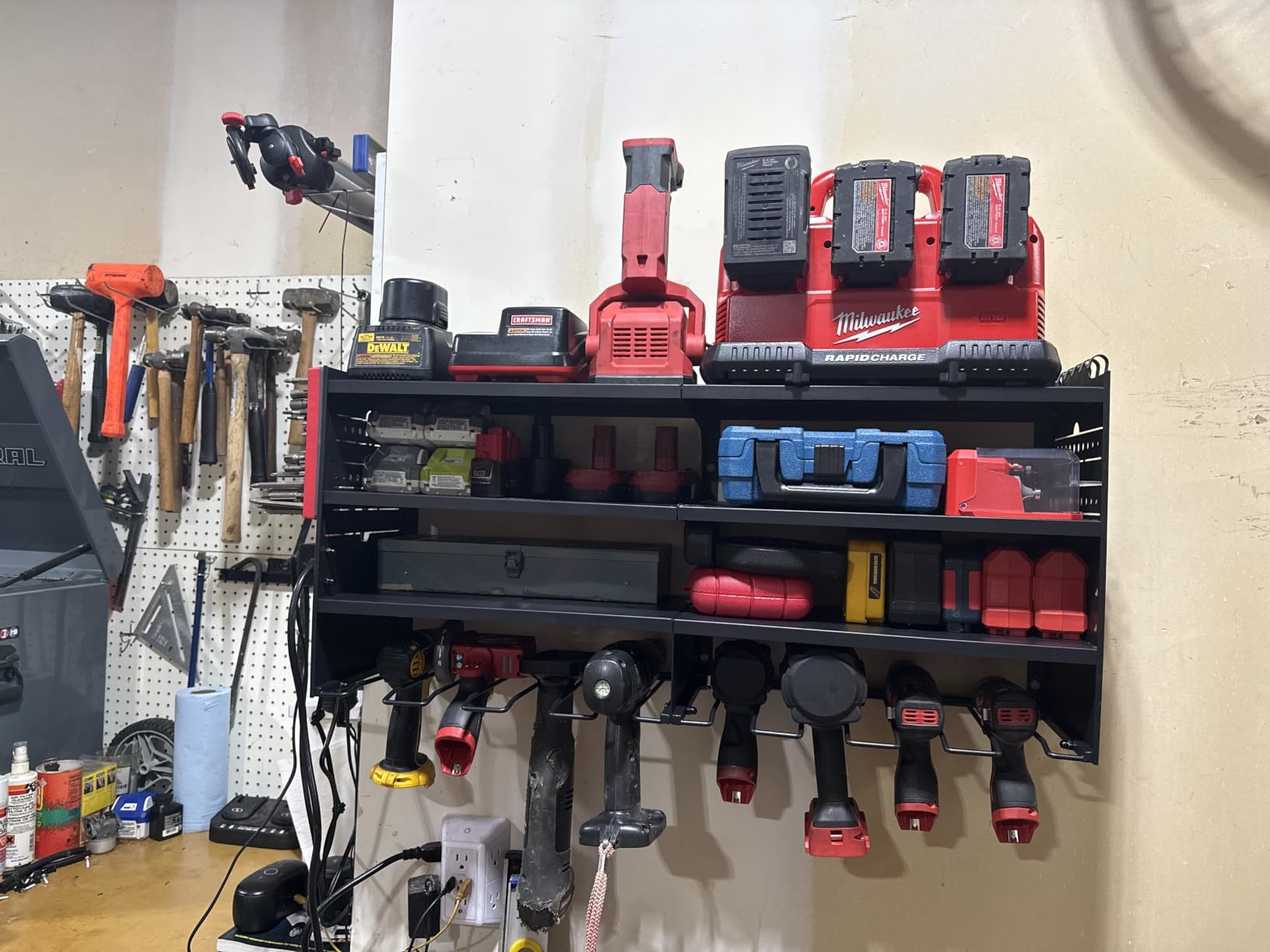 POKIPO Large Power Tool Organizer Wall Mount with Charging Station, 4 Layer Heavy Duty Metal Tool Storage Rack Loads 600lbs with 8 Cordless Drill Holder, Battery Utility Rack Loads with 4 Power Strip customer photo 1