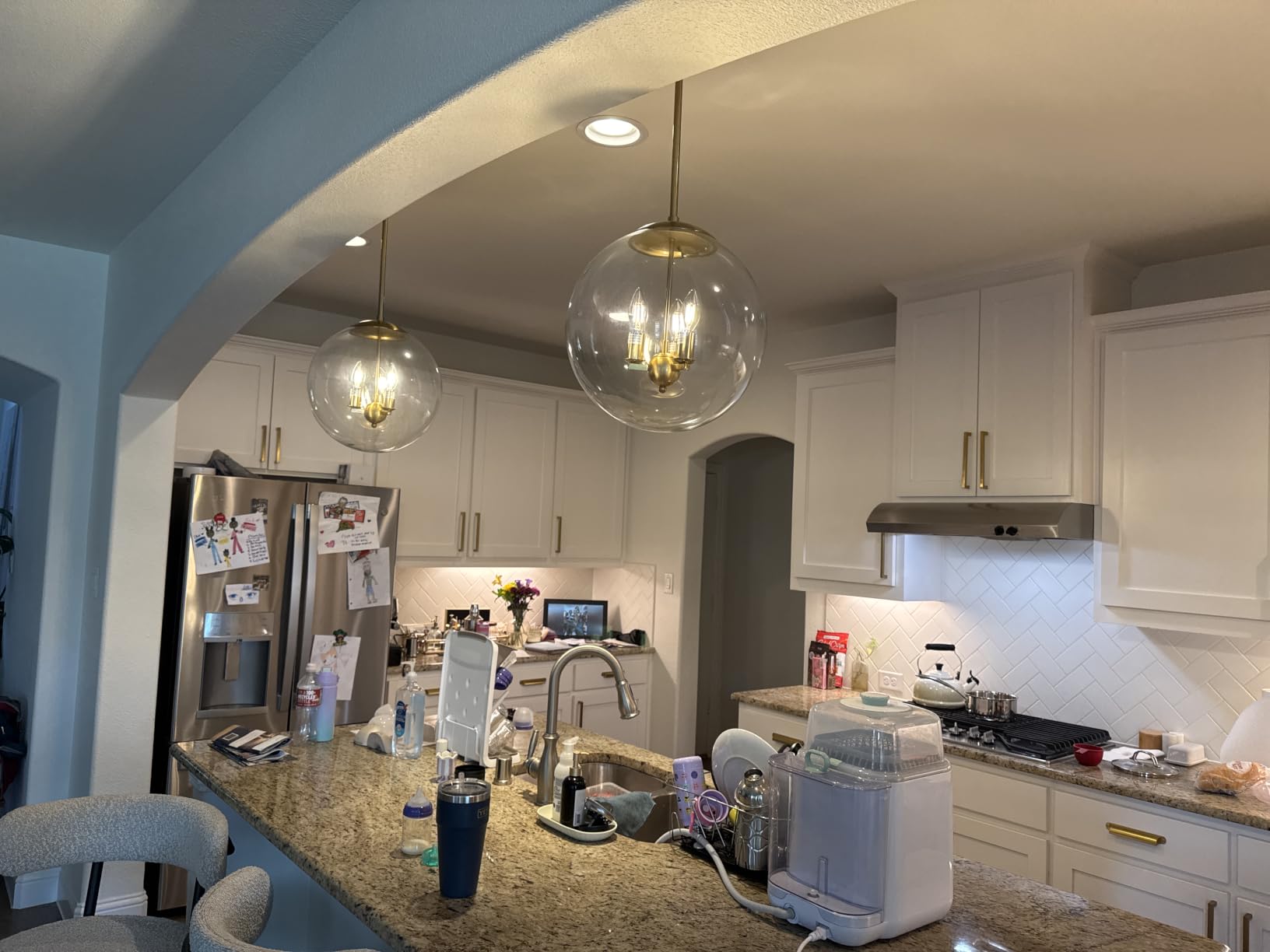 Bagood 10 Inch Globe Pendant Light Gold Mid Century Pendant Light Contemporary Globe Pendant Lights Adjustable Hanging Light Fixture Milk Glass with Brass Finish for Dining Room Kitchen Island customer photo 1
