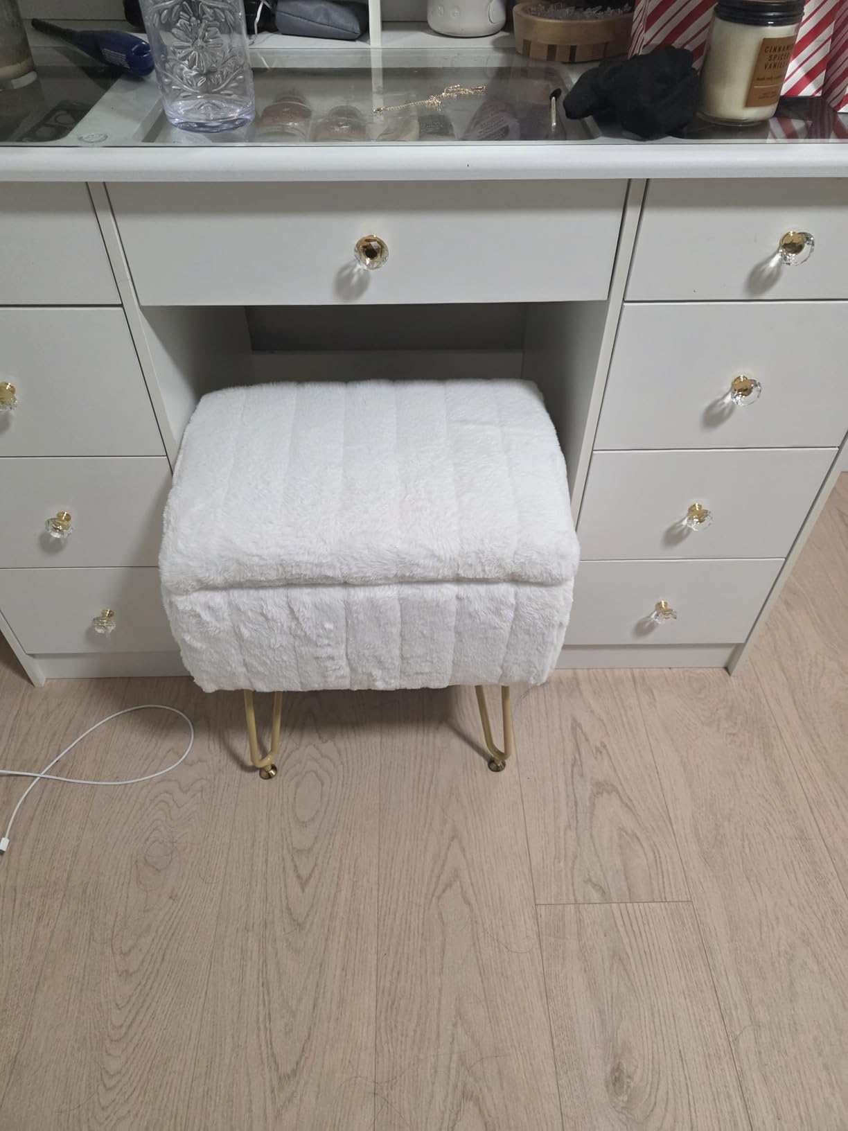 Sweetcrispy Vanity Stool Chair with Storage, Ottoman Faux Fur Soft Padded Makeup Footstools Seat with 4 Metal Legs Anti-Slip Adjustable Feet Modern Cute Small Footrest for Home Entryway Bedroom White customer photo 2