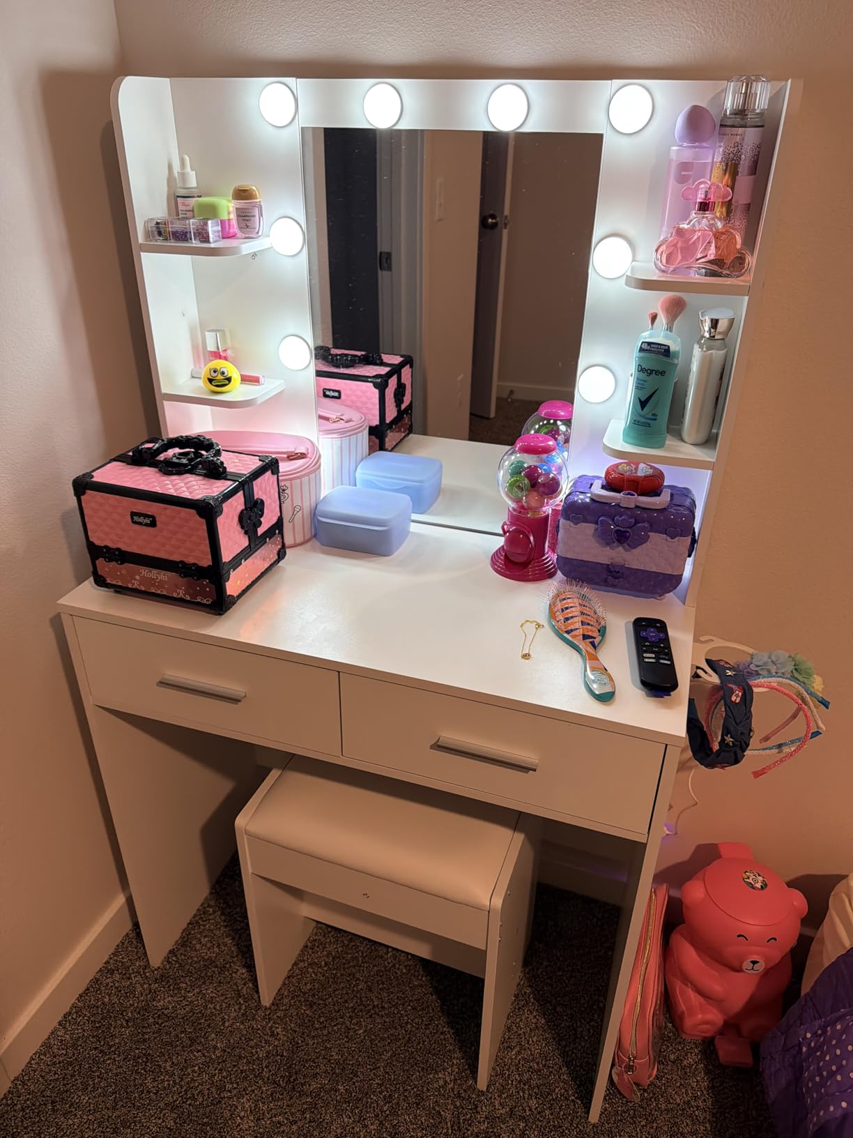 Furmax Makeup Vanity Desk with Mirror and Power Outlet, White | 3 Color Light Options Adjustable Brightness, 2 Drawers, 6 Storage Shelves, with Bench customer photo 1