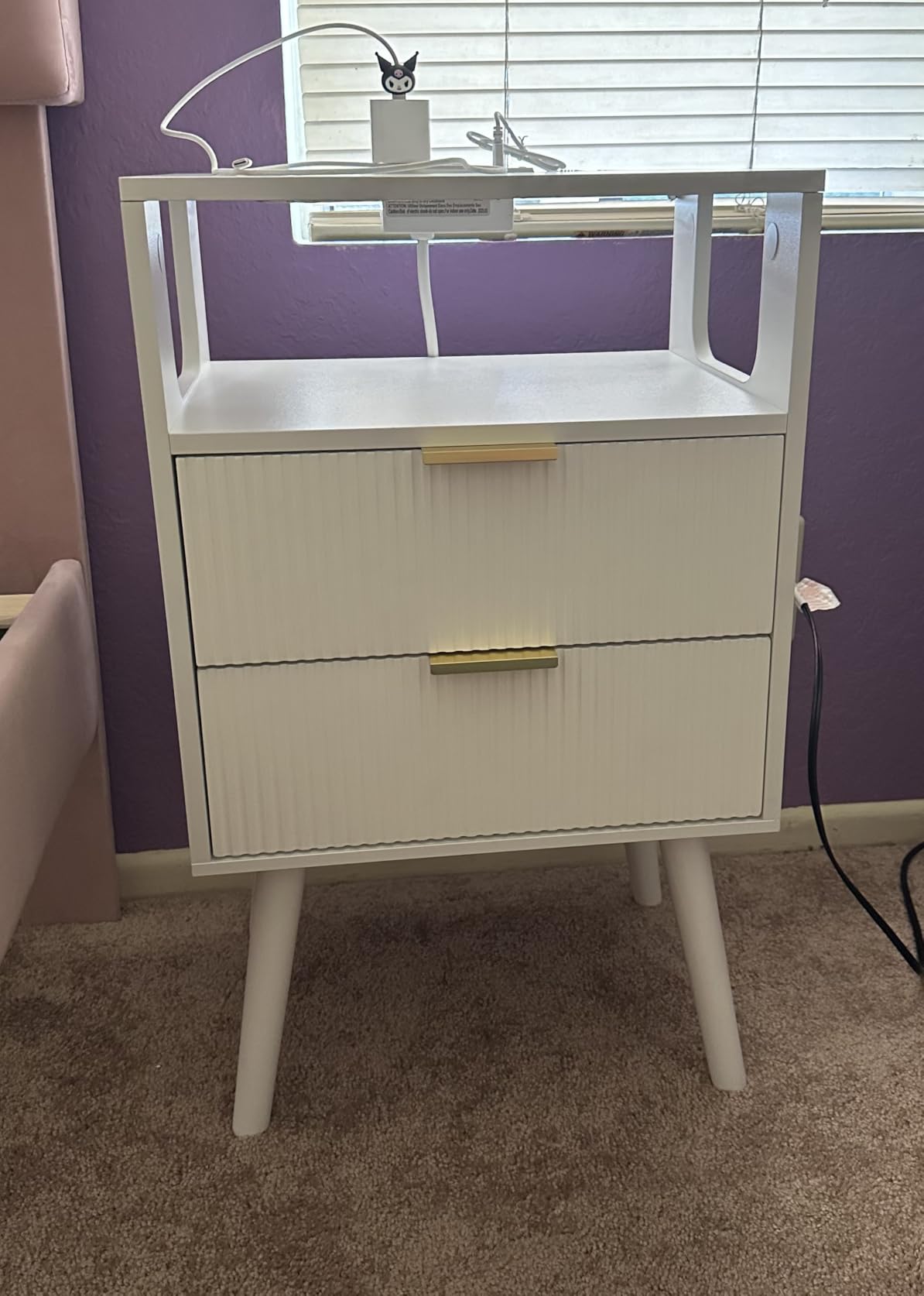 JOONEE Nightstand with Charging Station and LED Lights, Modern Bedside Table with 2 Storage Drawer and Open Wood Shelf, for Bedroom and Small Spaces, Night Stand with Solid Wood Legs, Walnut Brown customer photo 2