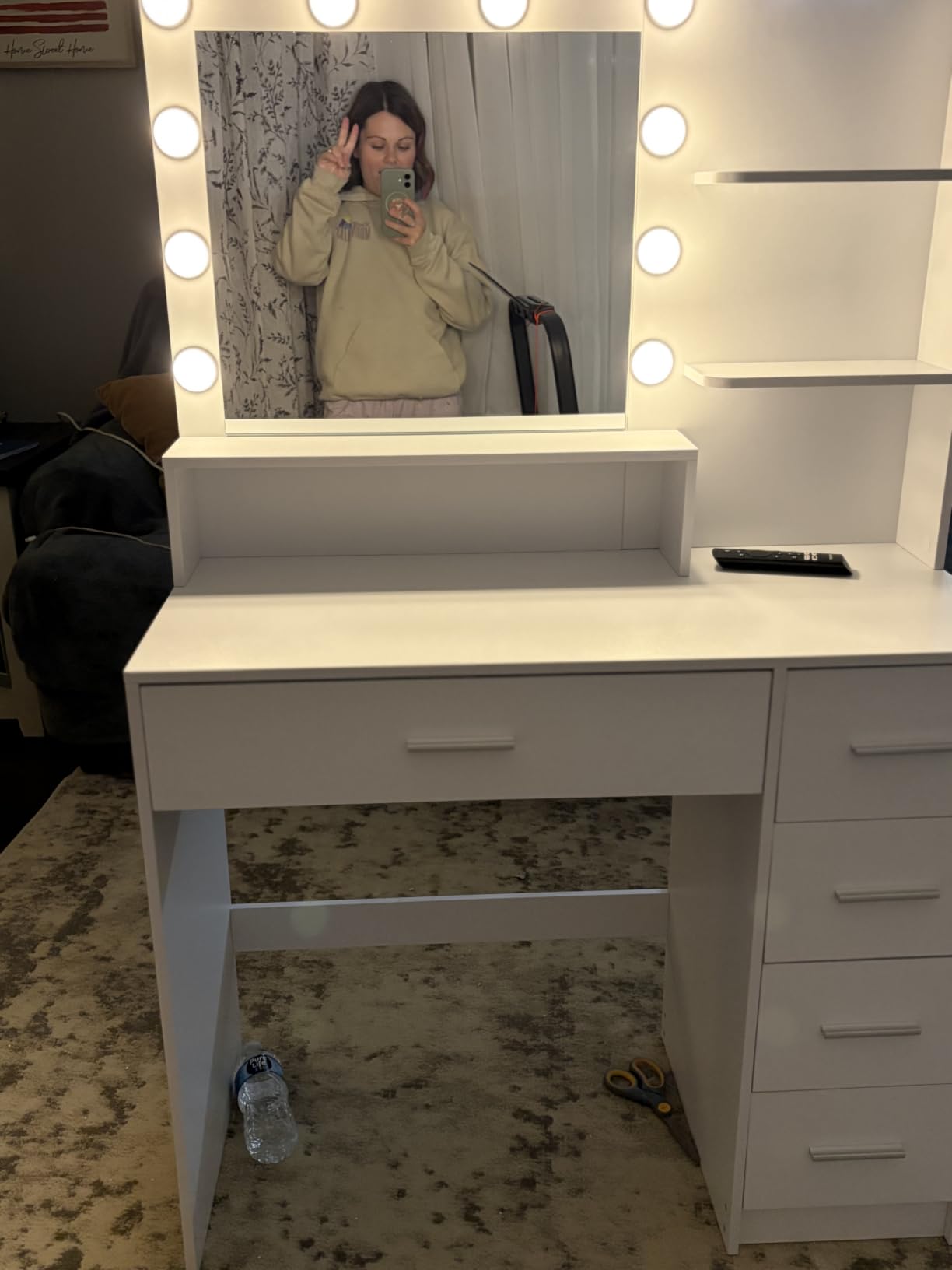 Quimoo Vanity Desk with Glass Top & Large Lights Mirror, 3 Adjustable Lighting Color, 44