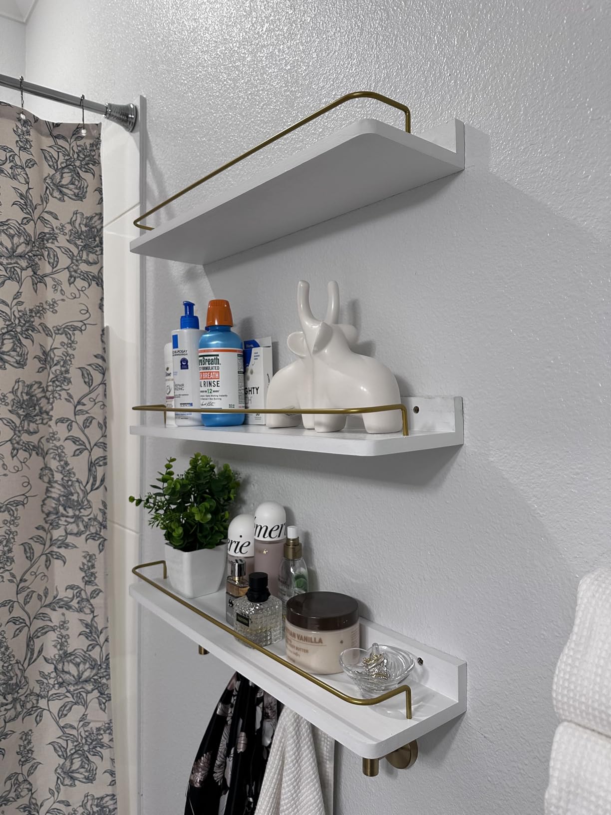 Forbena Gold Floating Shelves for Wall Decor Set of 3, Bathroom Shelves Over Toilet, Modern Display Wall Shelf with Guard Rail for Living Room Bedroom Organizers and Storage - White and Gold customer photo 1