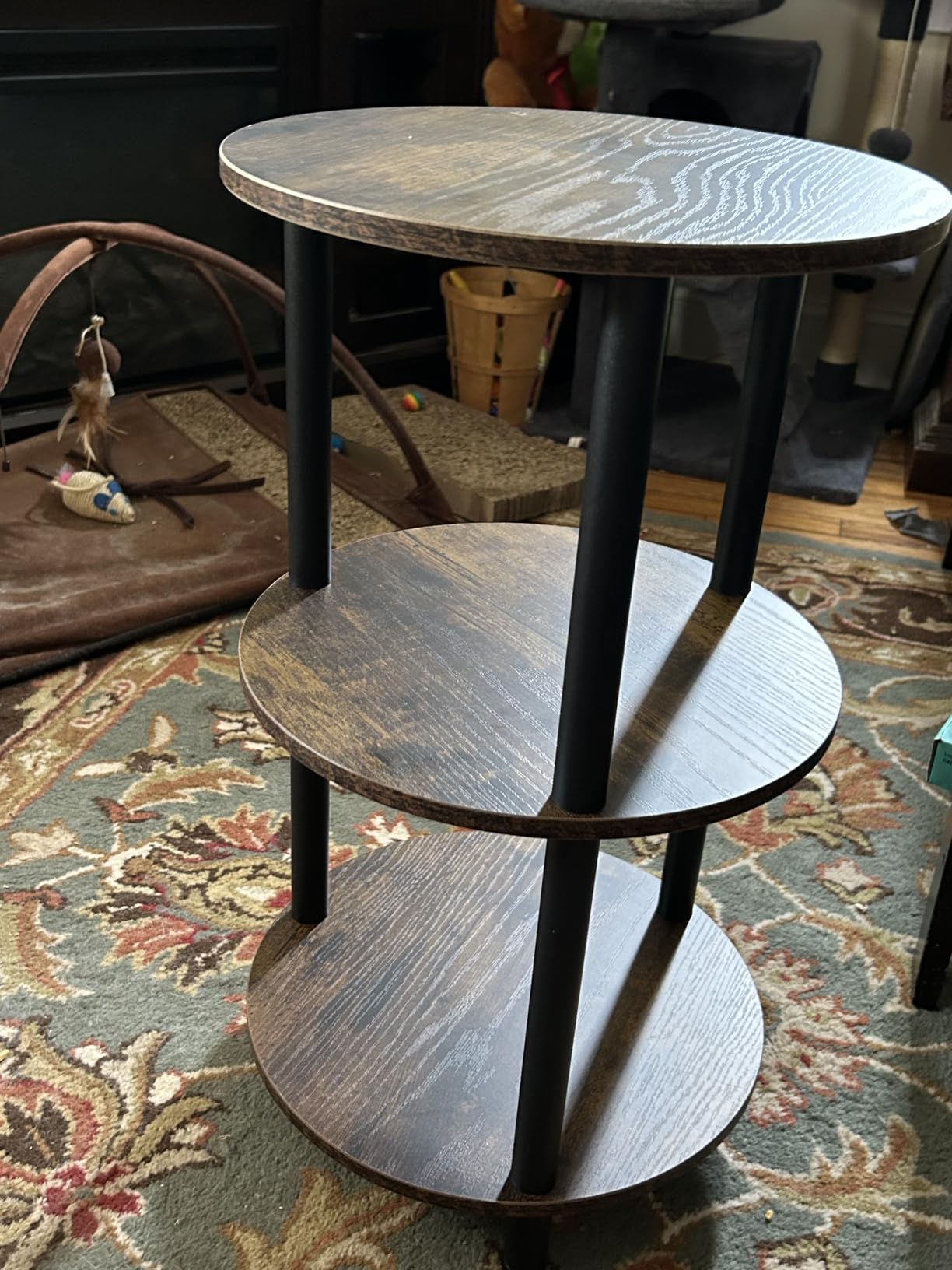 XBurmo Small Round Coffee Table - 3 Tier Design Accent Table, Narrow Side or Bedside Stand, Industrial Vintage Nightstand for Bedroom, Living Room, or Small Spaces, Rustic Brown customer photo 1
