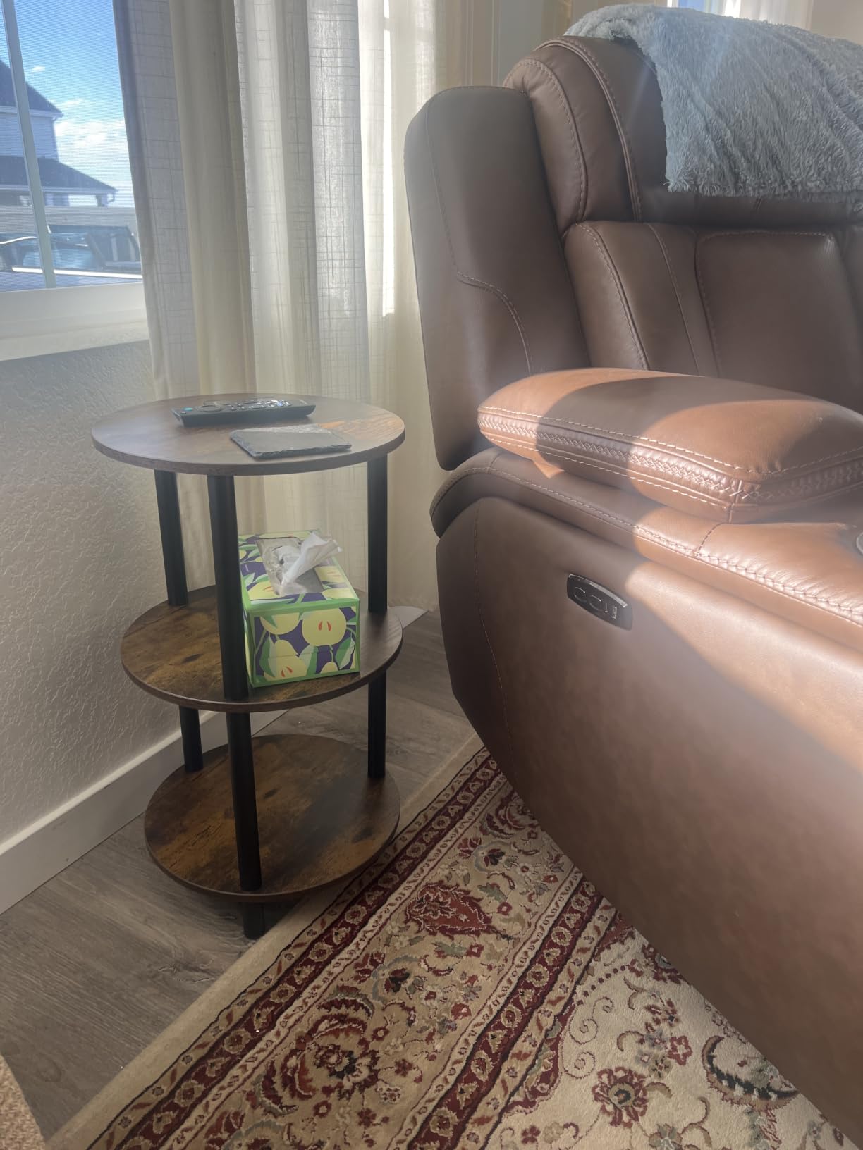 XBurmo Small Round Coffee Table - 3 Tier Design Accent Table, Narrow Side or Bedside Stand, Industrial Vintage Nightstand for Bedroom, Living Room, or Small Spaces, Rustic Brown customer photo 2