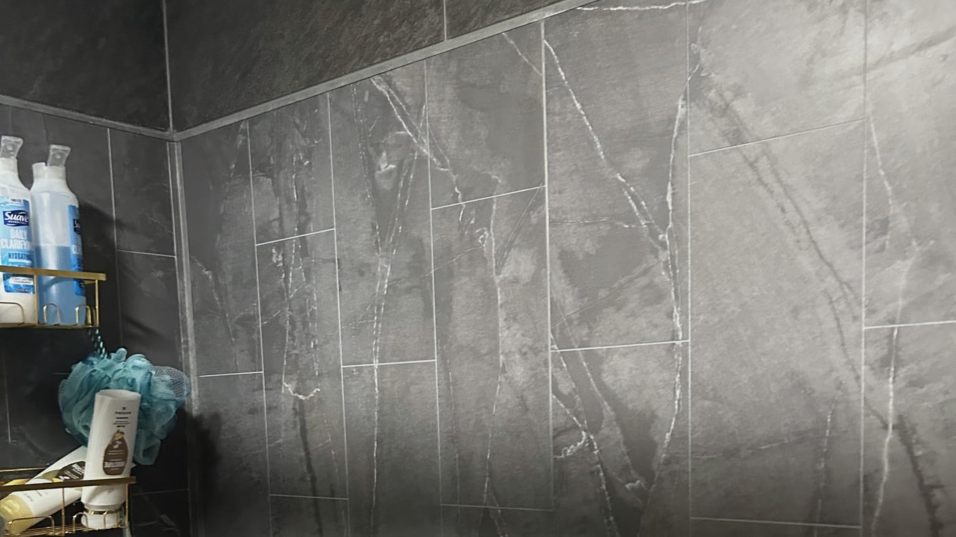 Palisade Vinyl Corner Shower Surround Kit 78in x 36in x 36in, Urban Glacier | Waterproof PVC wall panels, grout-free design, coordinating trim, shelves, adhesive and sealant included customer photo 1