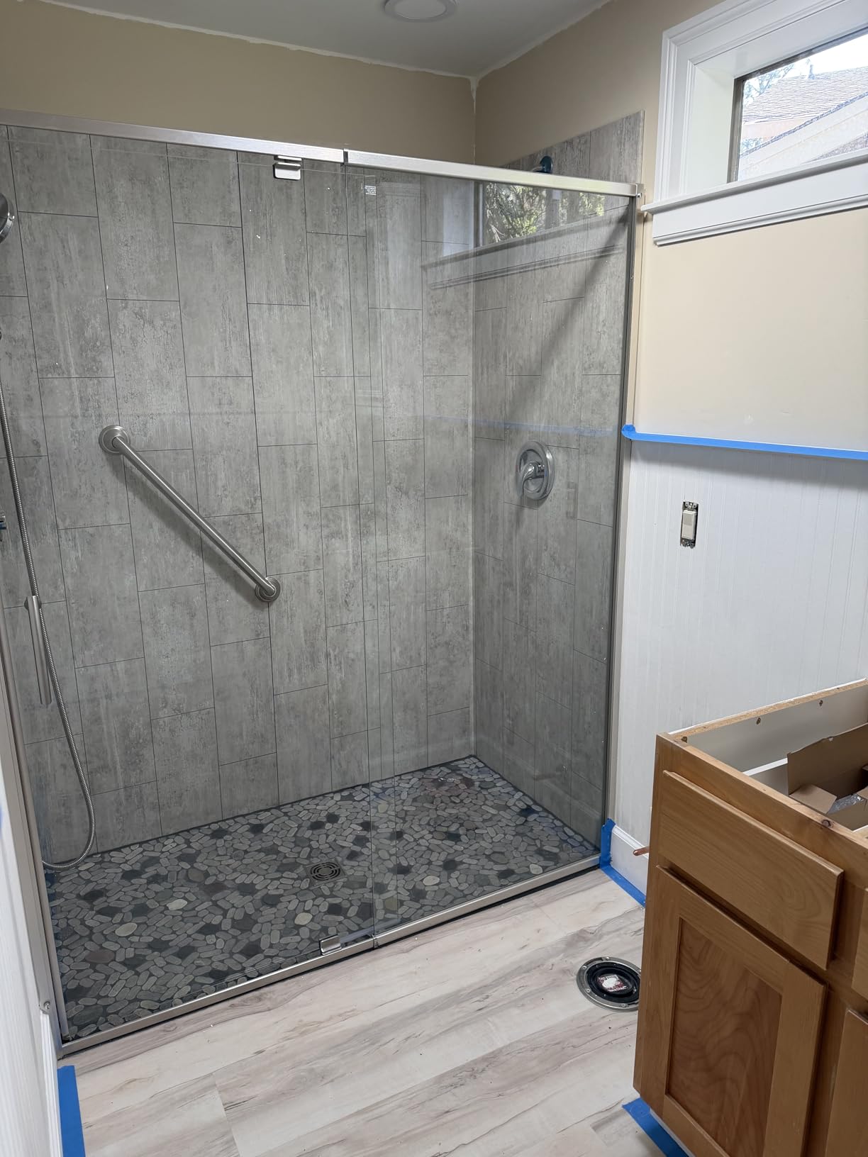Palisade Vinyl Shower Surround Kit 78in x 60in x 32in, Urban Quarry | Waterproof PVC wall panels, grout-free design, bathroom renovation, coordinating trim, shelves, adhesive and sealant included customer photo 1