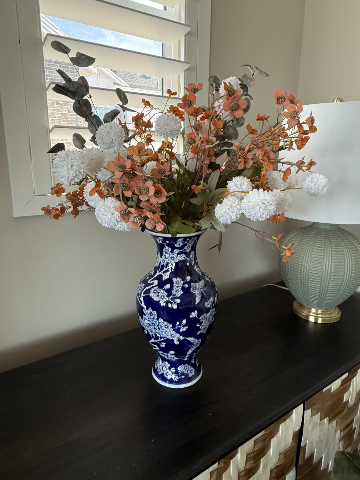 Beige Silk Flower Arrangements Decor, Large Floral Centerpieces For Tables | 22 Long Stems Fake Mums + Eucalyptus + Wild Flowers in Bulk customer photo 1