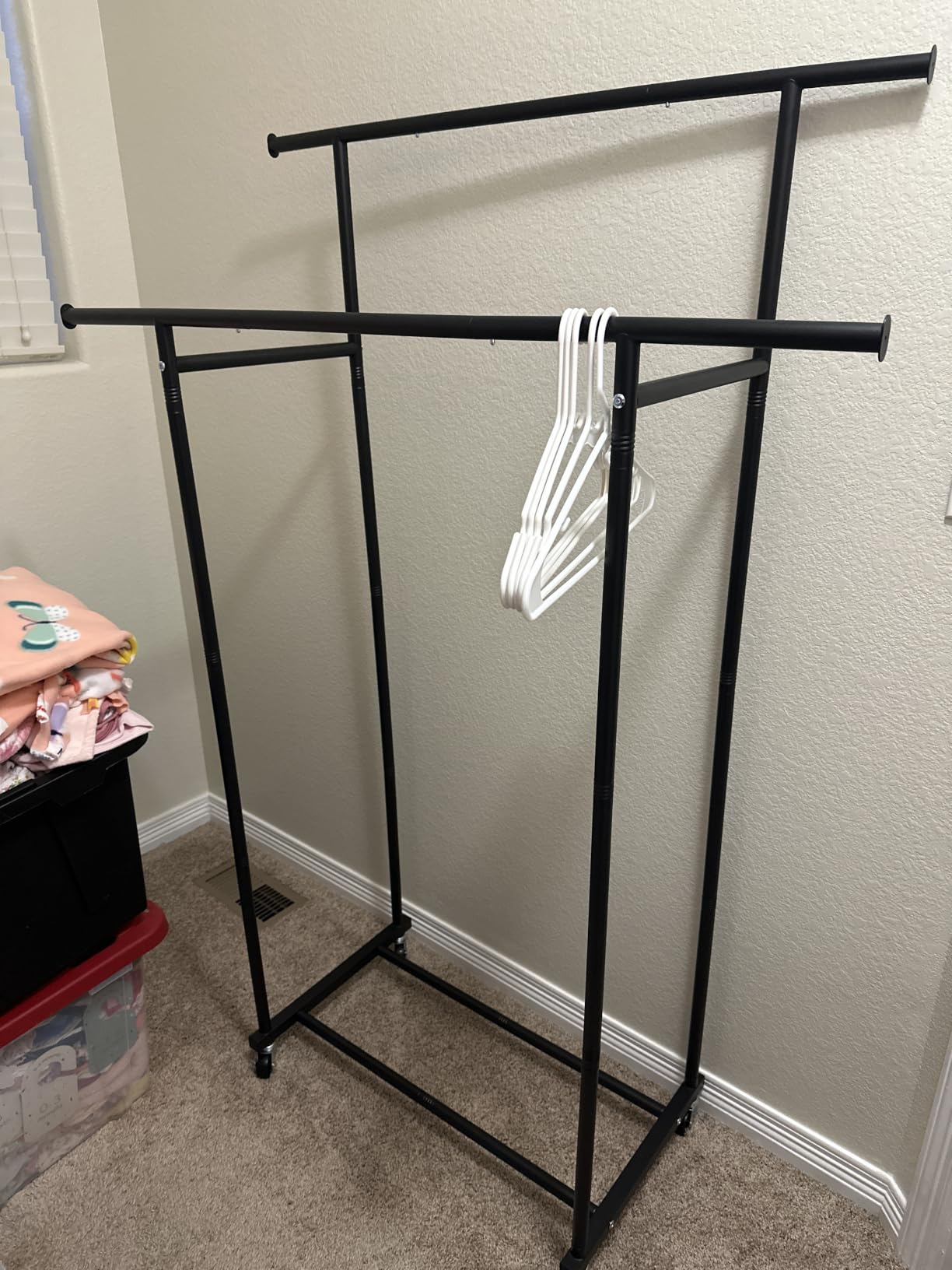 HYSEYY Double Rods Clothes Rack, Rolling Clothing Rack for Hanging Clothes Portable Wardrobe Rack, Metal Garment Rack Sturdy Coat Rack for Bedroom Laundry Living Room, Black customer photo 2