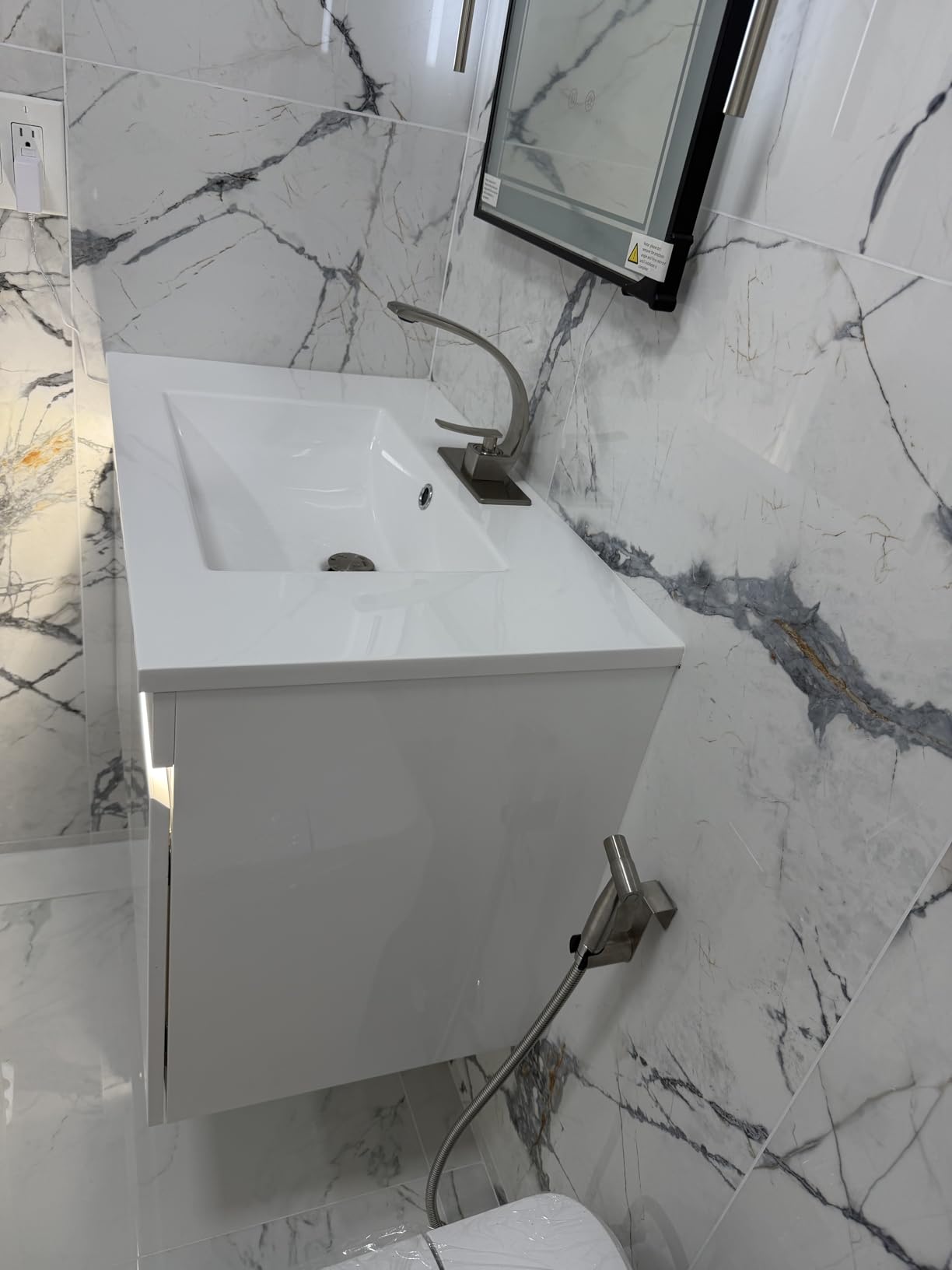 AHB 30 inch Bathroom Vanity W/Sink Combo, High Gloss Bathroom Cabinet, Smart Wall Mounted Sink Cabinet Auto Motion Sensor LED Light, Modern Floating Vanity with Faucet customer photo 2
