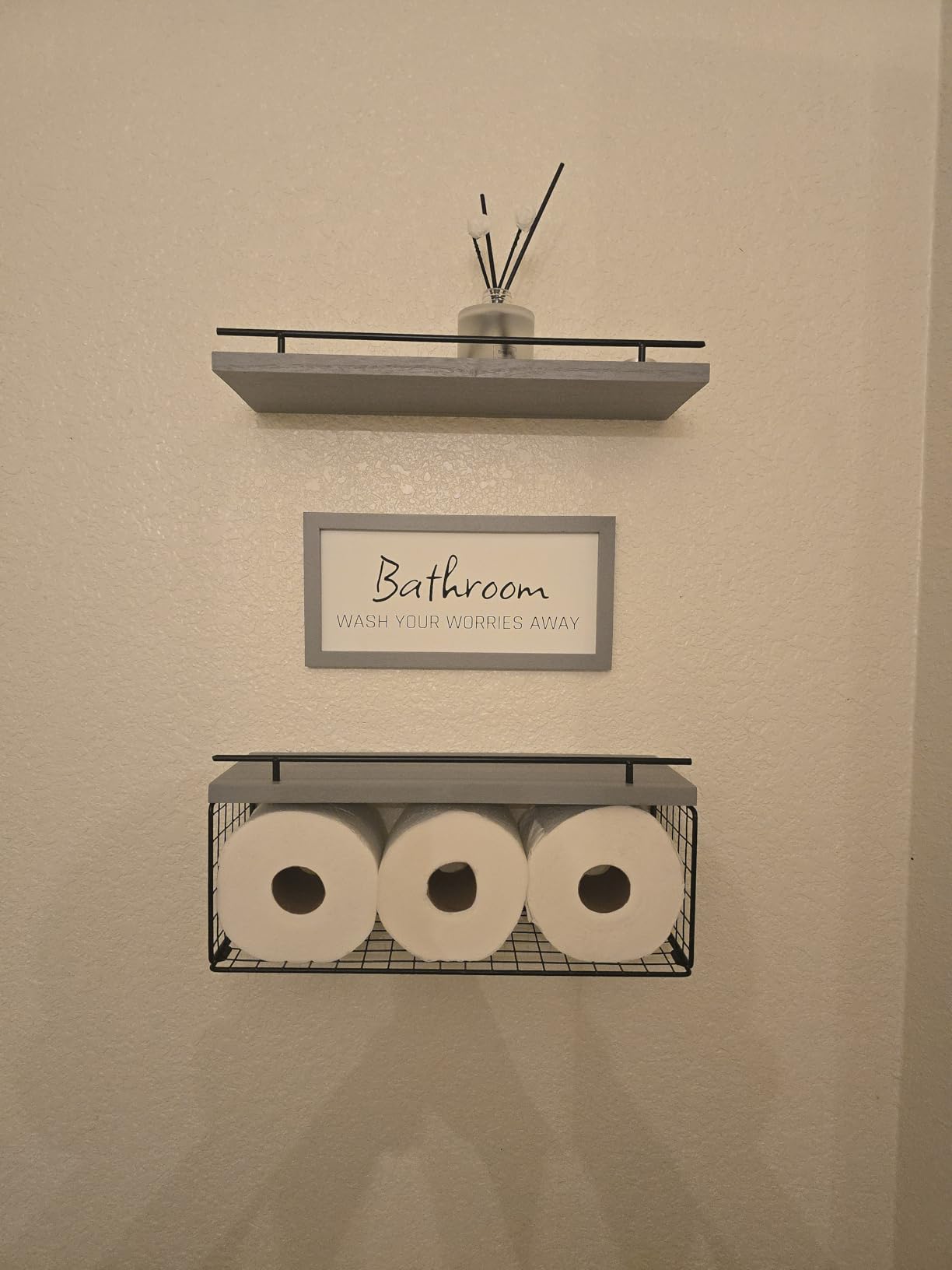 WOPITUES Floating Shelves for Bathroom Decor Art, Modern White | Bathroom Organizers and Storage, Wall Shelves Over Toilet with Metal Guardrail customer photo 1