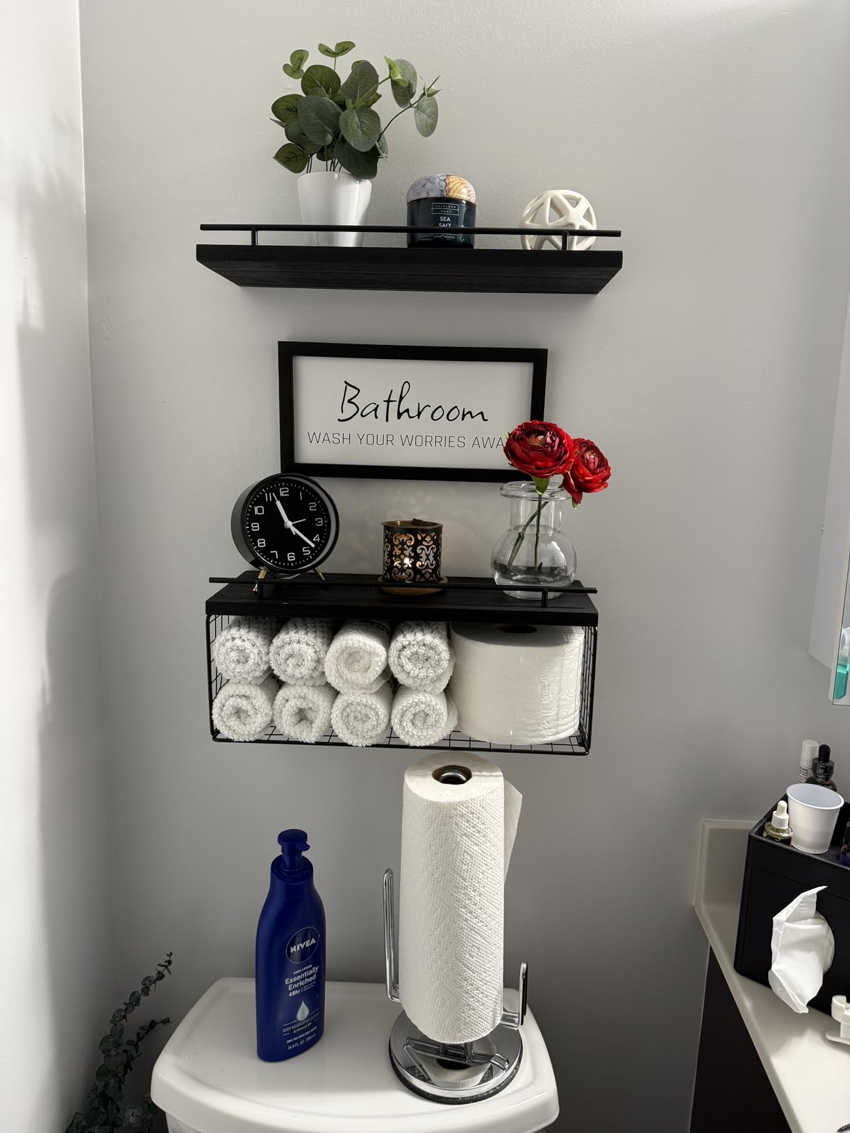 WOPITUES Floating Shelves for Bathroom Decor Art, Modern White | Bathroom Organizers and Storage, Wall Shelves Over Toilet with Metal Guardrail customer photo 2