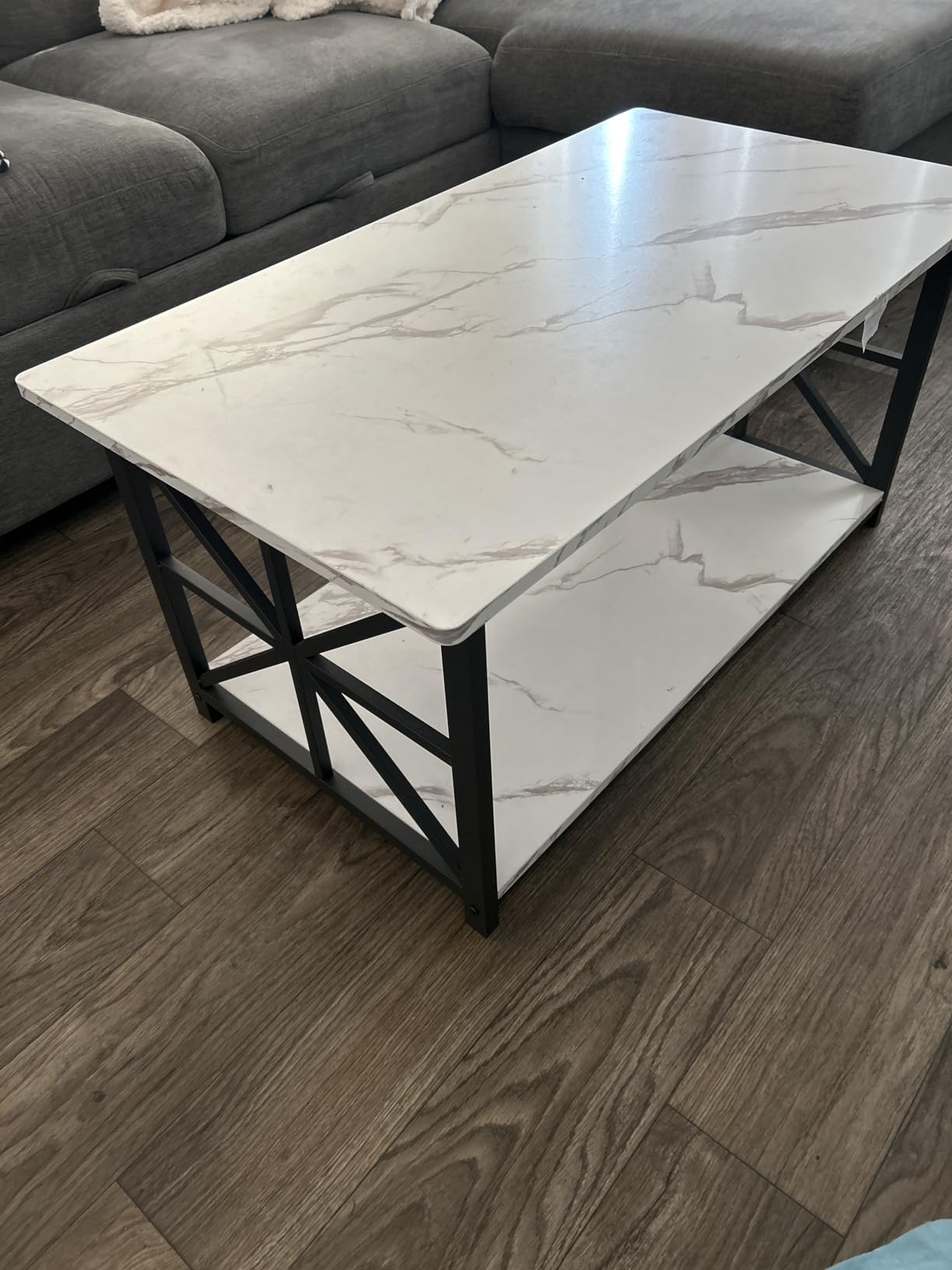 AWQM Faux Marble Coffee Table for Living Room, Modern 2-Tier Coffee Table with Storage, Rectangular Center Table for Sofa, Sturdy Frame, Black customer photo 1