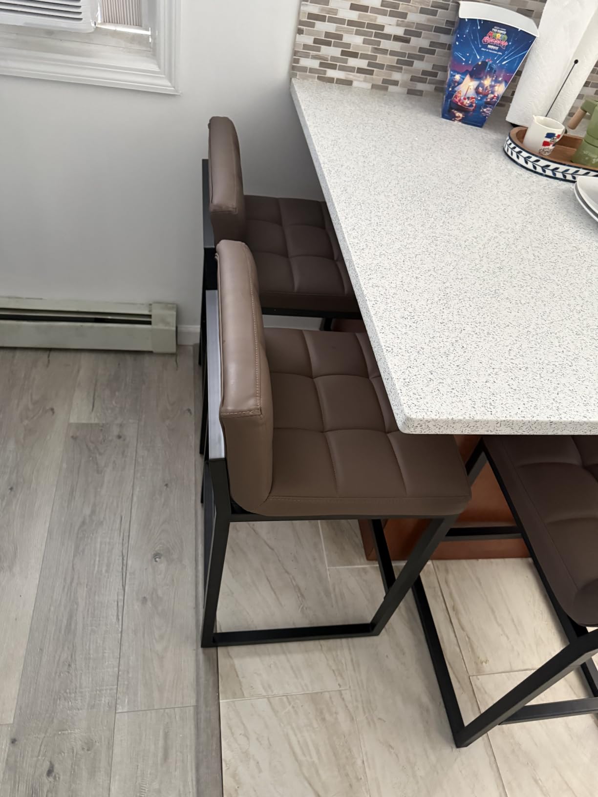 FIRAVOE Counter Height Bar Stools Set of 4, Upholstered Barstools with Back, Bar Chairs with Thickened Metal Legs, PU Leather Counter Stools for Kitchen Island (Coffee Brown, 4Pcs 26