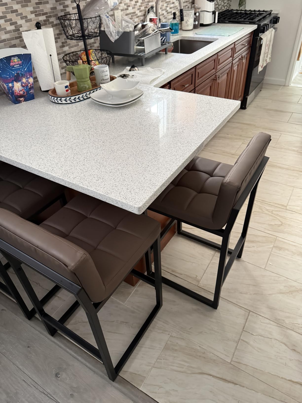 FIRAVOE Counter Height Bar Stools Set of 4, Upholstered Barstools with Back, Bar Chairs with Thickened Metal Legs, PU Leather Counter Stools for Kitchen Island (Coffee Brown, 4Pcs 26