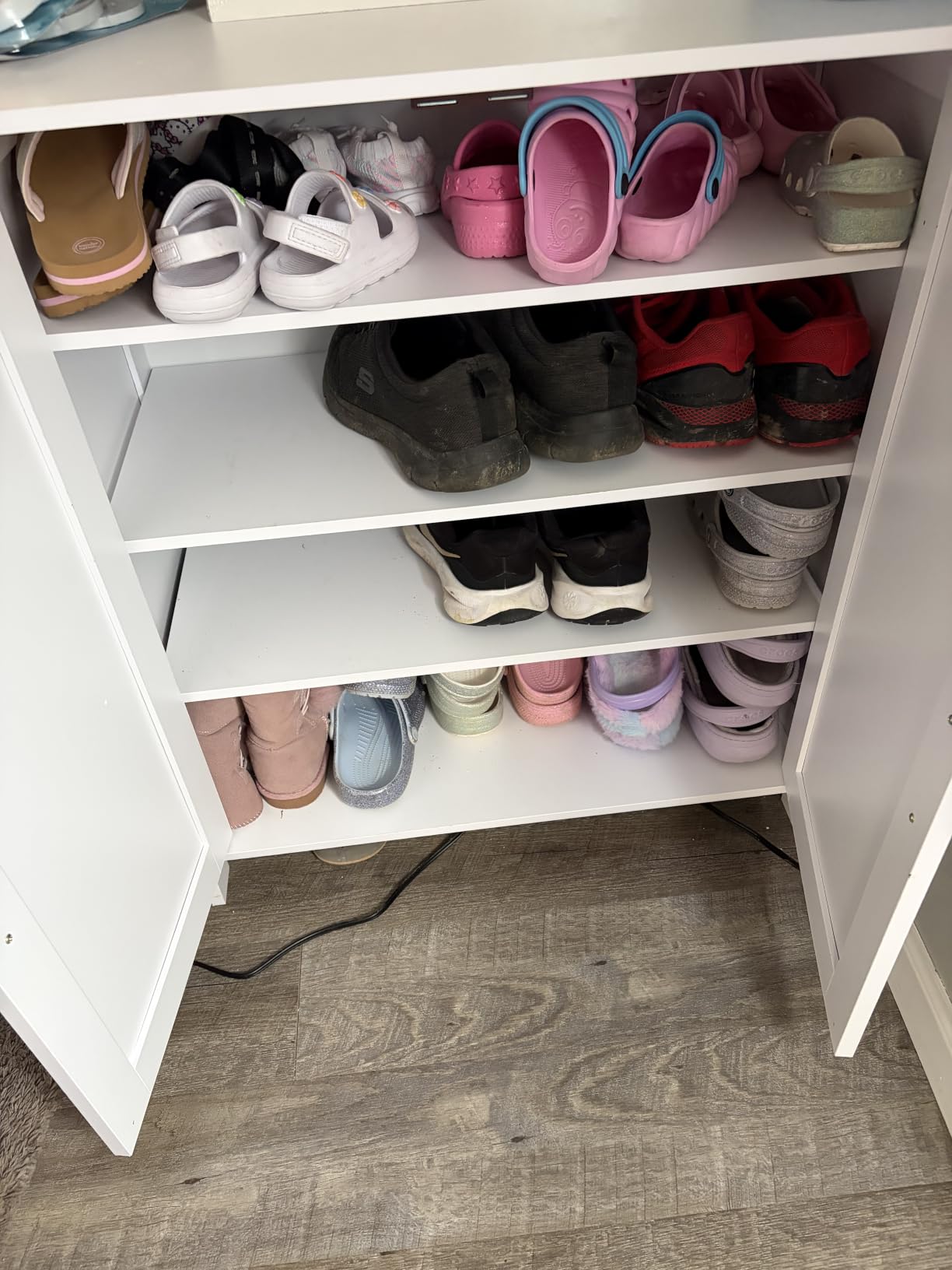 Homleke Farmhouse Shoe Cabinet with 2 Barn Doors & Wood Legs, Tall 4-Tier Shoe Storage Cabinet, 3 Adjustable Shelves, Shoe Rack Organizer, for Entryway, Hallway, Closet, White customer photo 1