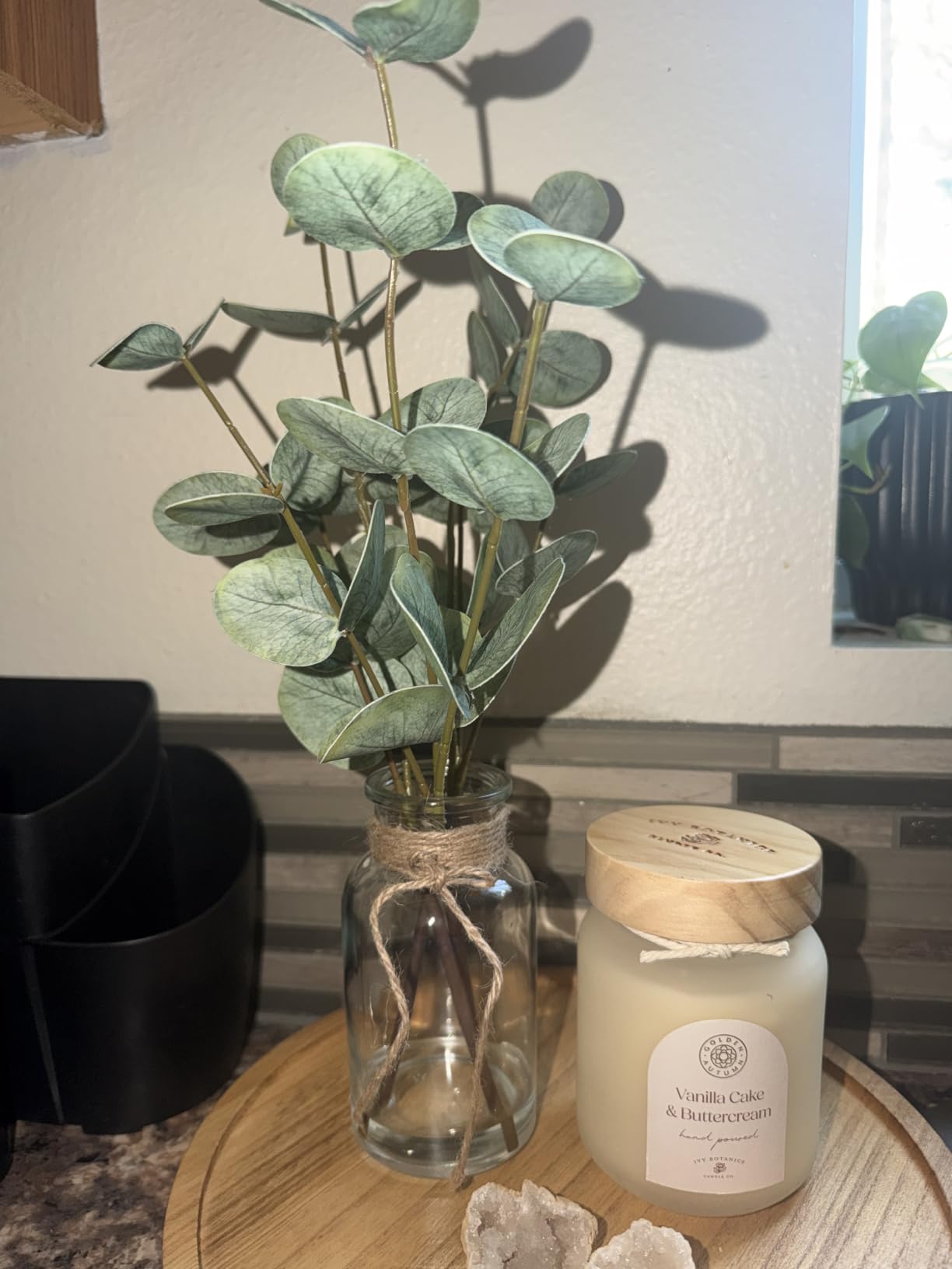 Bessol Artificial Eucalyptus Stems in Glass Vase with Faux Water, 13.5