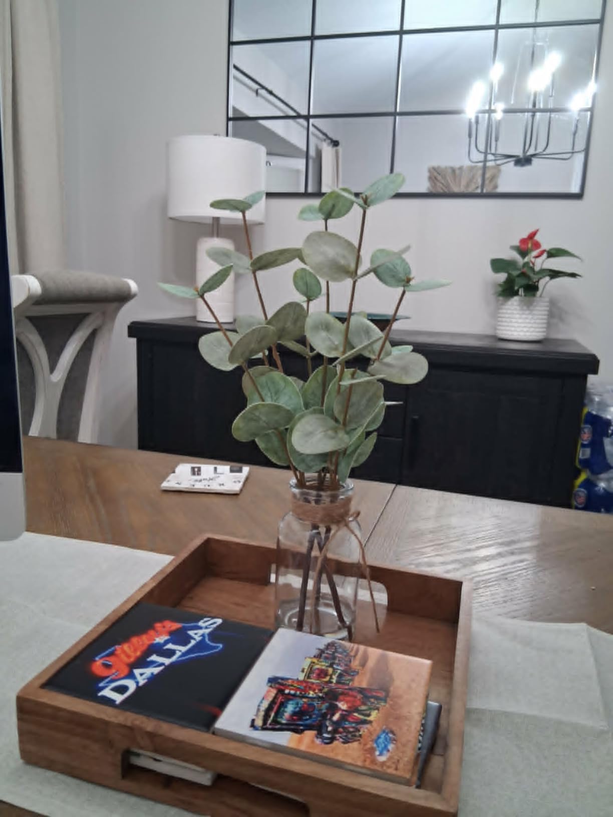 Bessol Artificial Eucalyptus Stems in Glass Vase with Faux Water, 13.5