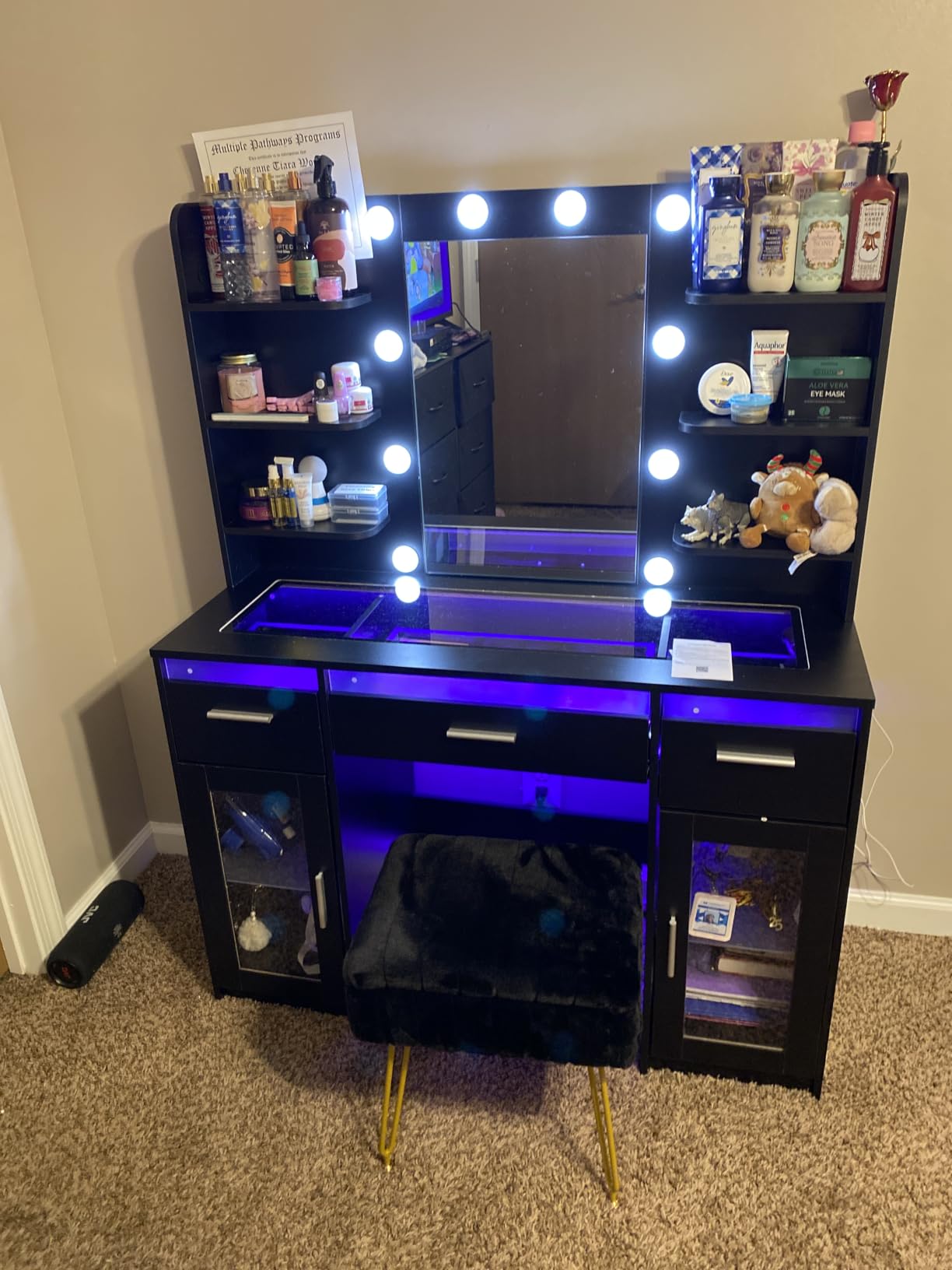 HUAHUU Vanity Desk, Makeup Vanity Desk with Mirror and Lights 3 Colors, Transparent Top with 3 RGB Drawers, 6 Shelves, 2 Large Tempered Cabinets, Power Outlet, for Bedroom, White customer photo 2