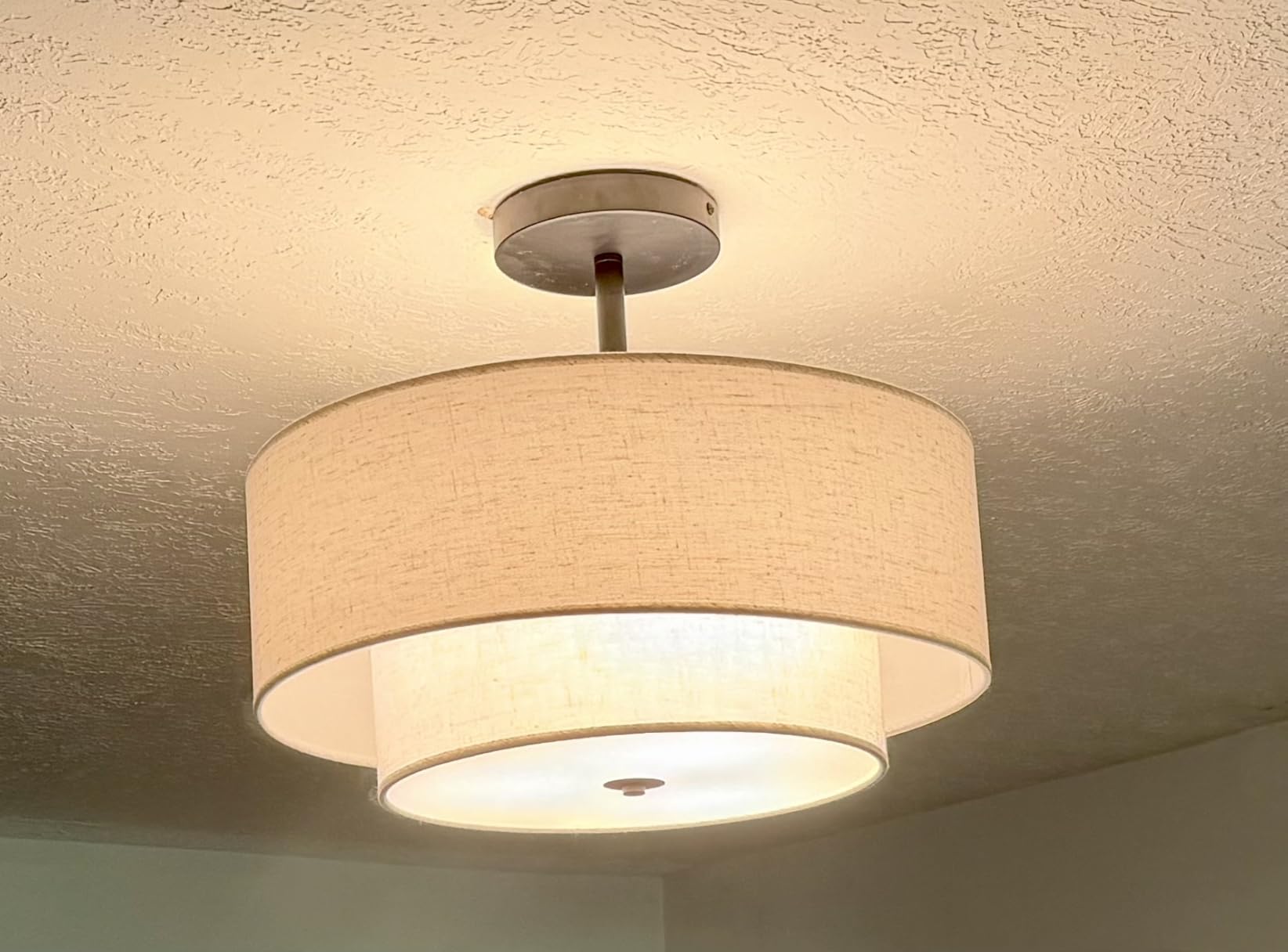 18 Inch Large Semi Flush Mount Ceiling Light Fixture with Dual Drum Design, Gold Farmhouse Fabric Linen Shade for Bedroom, Living Room, Kitchen, and Dining - Modern Chandelier Lamp customer photo 1