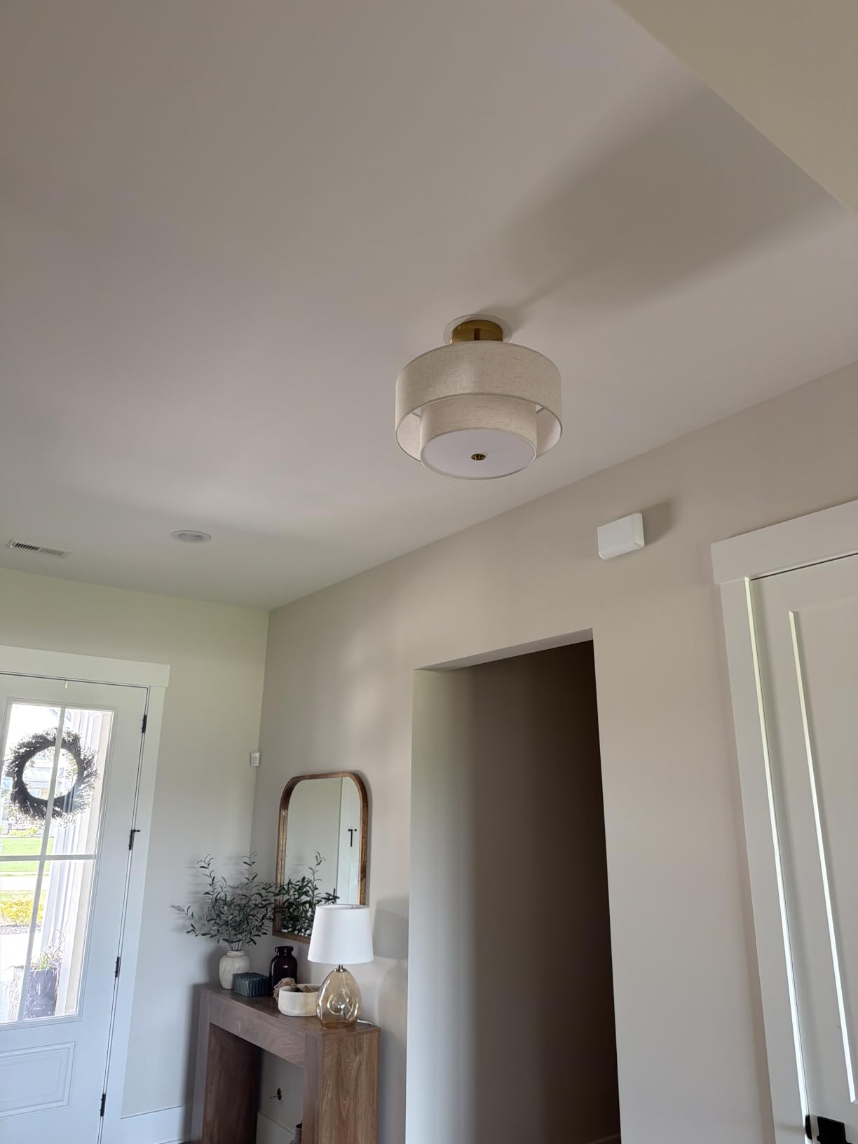 18 Inch Large Semi Flush Mount Ceiling Light Fixture with Dual Drum Design, Gold Farmhouse Fabric Linen Shade for Bedroom, Living Room, Kitchen, and Dining - Modern Chandelier Lamp customer photo 2