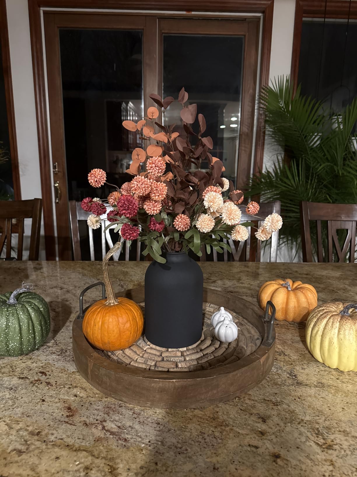 BLOSMON Fake Mum Flowers in Vase, White Dining Table Centerpiece Decor | With Metal Vase 12 Stems of Artificial Mums Eucalyptuses, Faux Silk Pom Poms, Floral Arrangements for Entryway, Home, Indoor customer photo 2