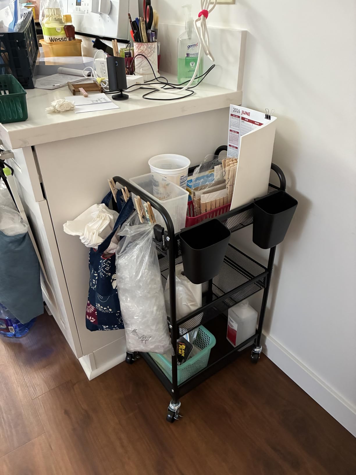 YASONIC 3 Tier Metal Rolling Cart, Black Utility Storage Cart with Wheels | Metal Mesh Craft Cart With Hooks & Hanging Cups, Ideal For Kitchen, Bathroom, Office, Dorm, Art Workspace, Bedside Storage customer photo 2