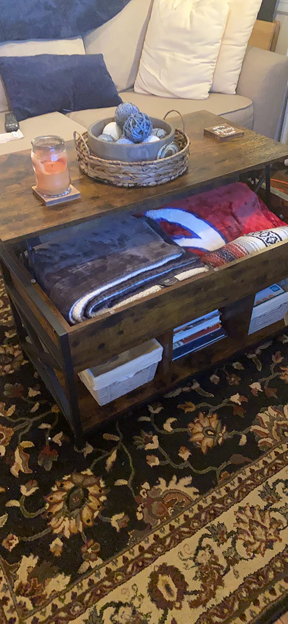 VASAGLE Lift Top Coffee Table, 3 in 1 Center Table with Storage, 2 Drawers | Gas Spring, 3 Hidden Compartments, Open Shelf, for Living Room, Honey Brown, SIREN Collection ULCT254K01 customer photo 2