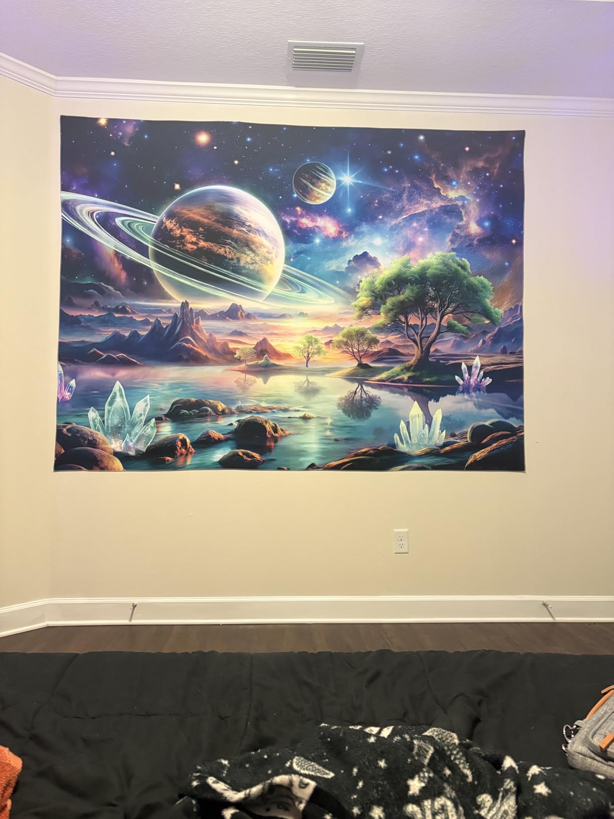Lahasbja Blacklight Galaxy Space Tapestry UV Reactive Planet Wall Hanging Magical Trees Tapestries Cosmic Mountain Landscape Wall Decor Aesthetic Starry Night Backdrop for Bedroom customer photo 1