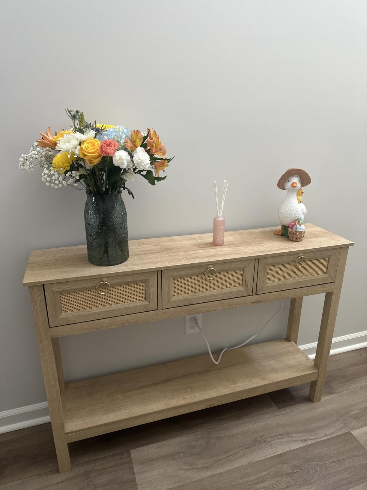 SUPERJARE Rattan Console Sofa Table with Outlets, USB-C Port and 3 Drawers | Entryway Table with Synthetic Rattan Surface, Open Shelf, Behind Couch Entry Foyer Hallway Storage, Natural customer photo 2