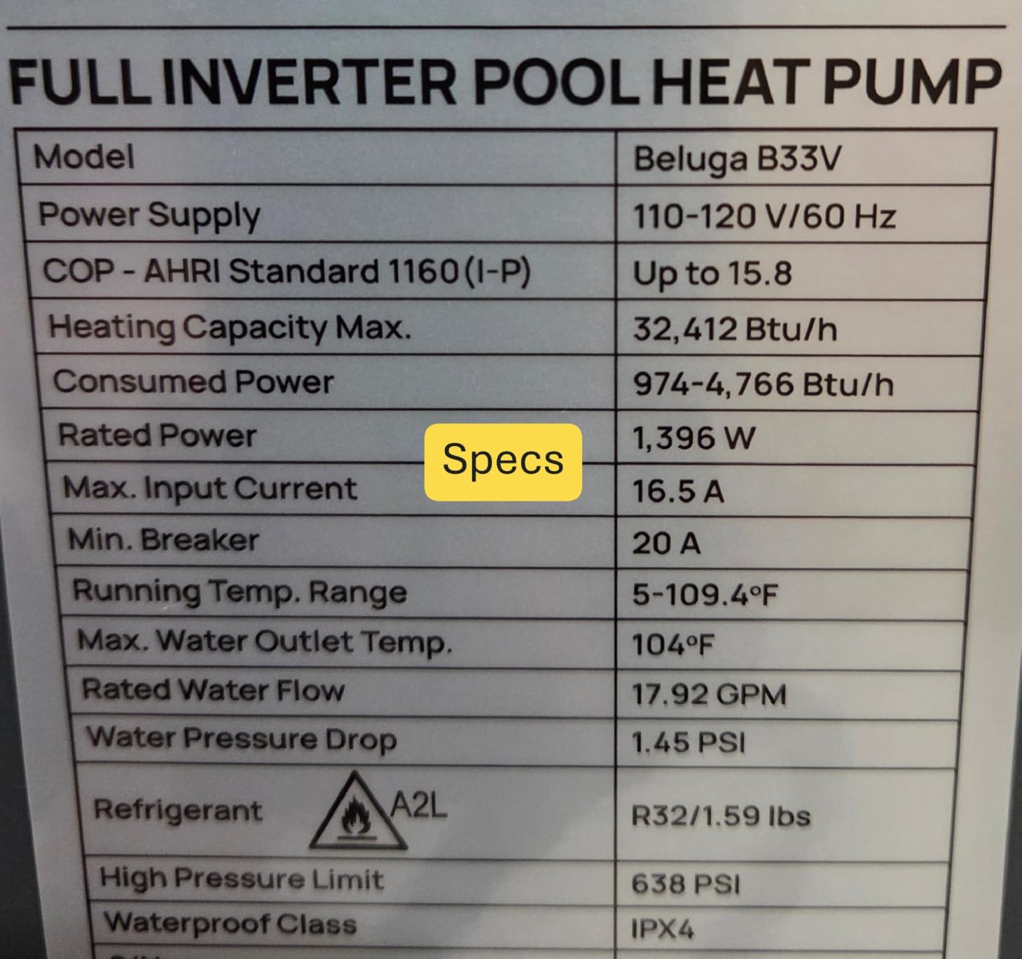 TURBRO 33,000 BTU Inverter Swimming Pool Heat Pump, Up to 10,000 Gallons | Heating and Cooling, Up to 15.8 COP, 110-120V, WiFi Control Electric Pool Heater for Above and Inground Pools, Beluga B33V customer photo 1
