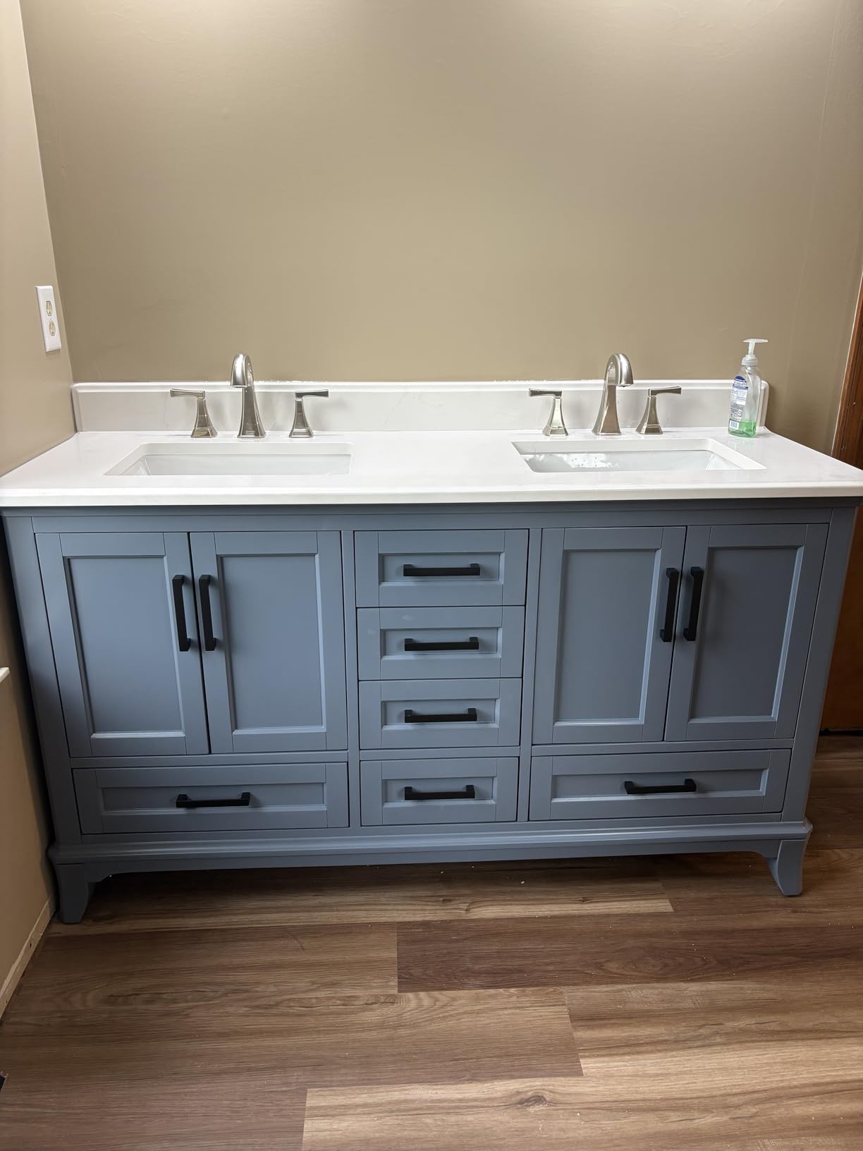 60 Inch Bathroom Vanity Double Sink, Steel Blue | Fully Assembled Solid Wood Double Sink Bathroom Vanity with Soft Closing Doors & Full Extension Dovetail Drawers, Quartz Top customer photo 1