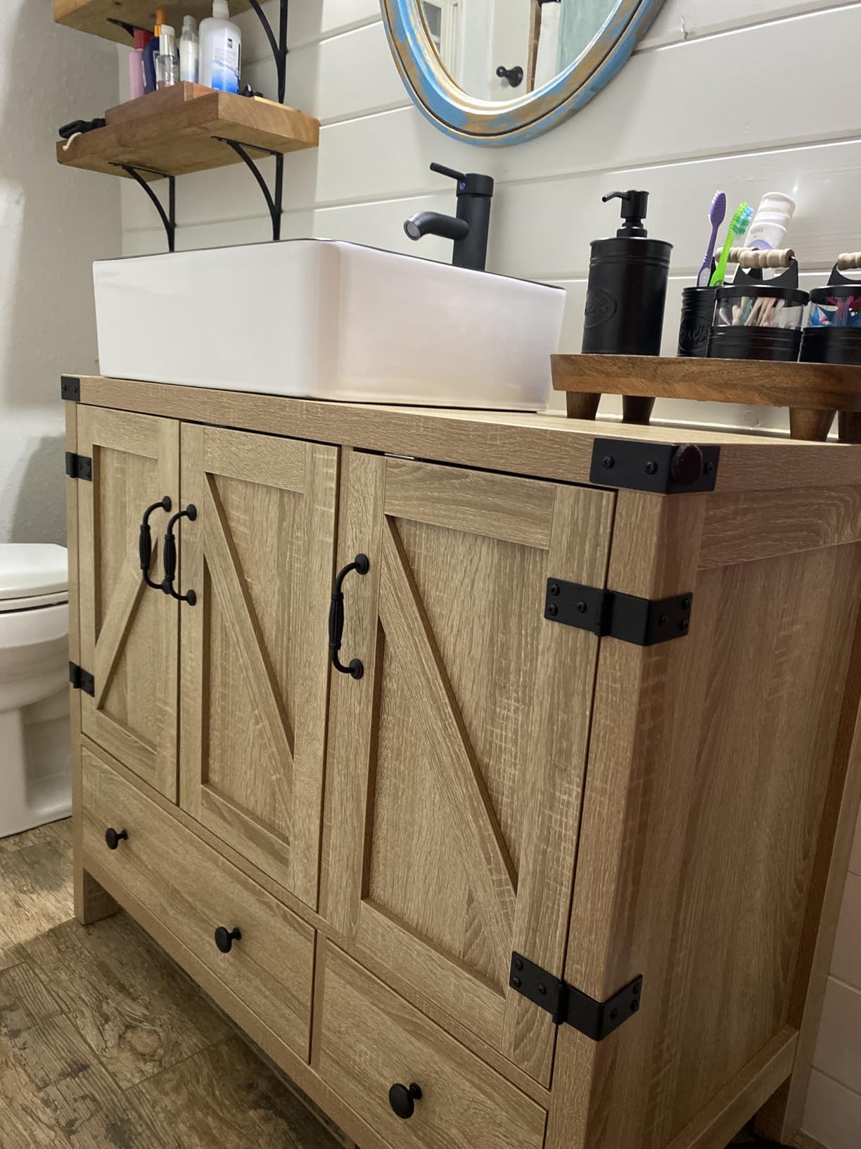 60 inch Natural Color Bathroom Vanity, Rustic Fixture Standing Pedestal Cabinet with Two White Ceramic Vessel Sinks customer photo 1