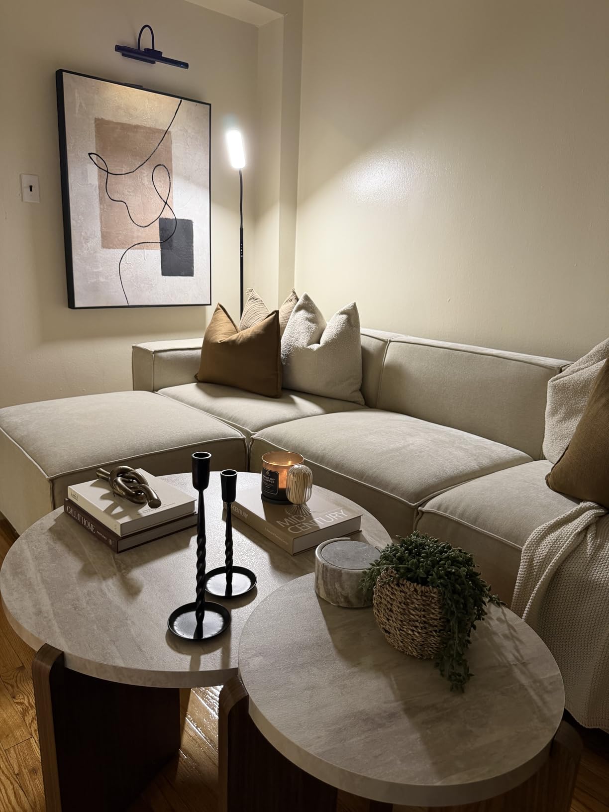 COSIEST Modern Round Coffee Table & Side Table Set, Faux Marble Wood Top, Walnut & Cream White Legs, Minimalist Living Room Center & Accent Table(2 PCS) customer photo 2