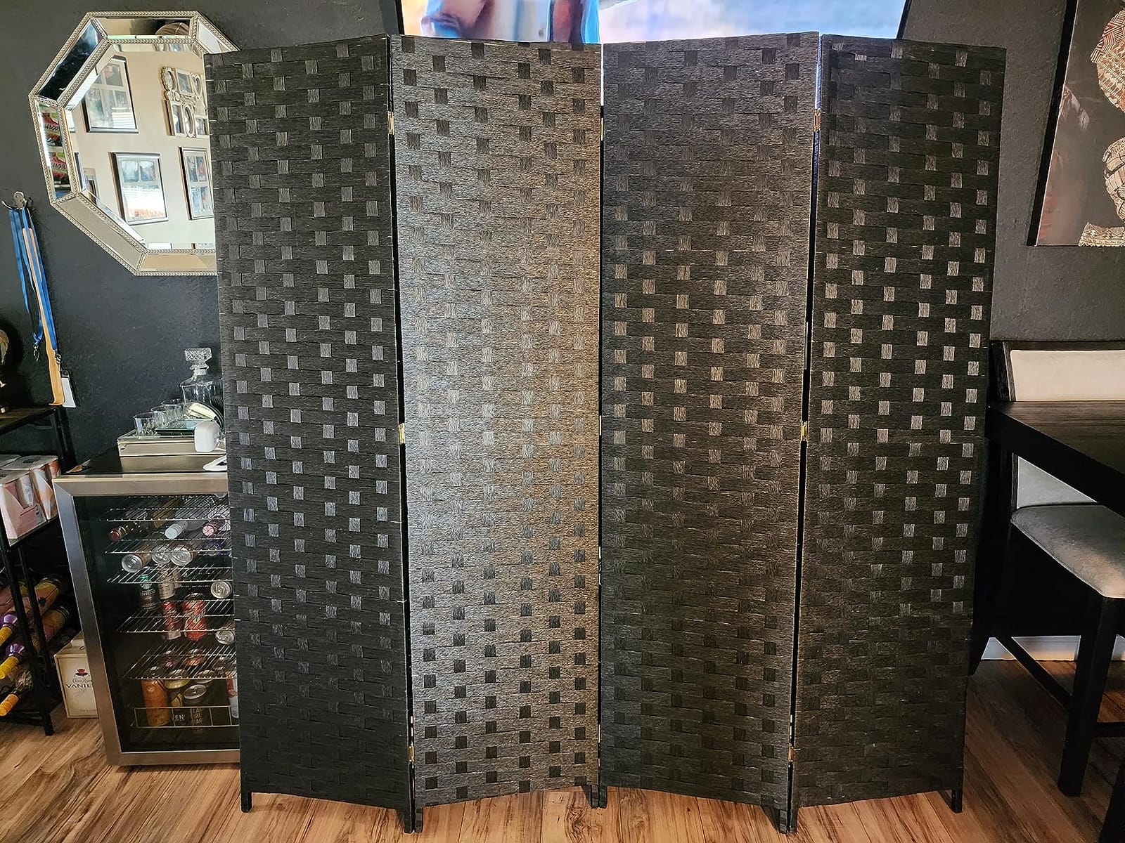 FDW 4-Panel Folding Room Divider | 6ft, Coal Black | Light & Portable | Wooden Wall Divider with Hand Woven Mesh | Easy to Move Privacy Screen | For Space Separation, Living Room, Bedroom, Office customer photo 1