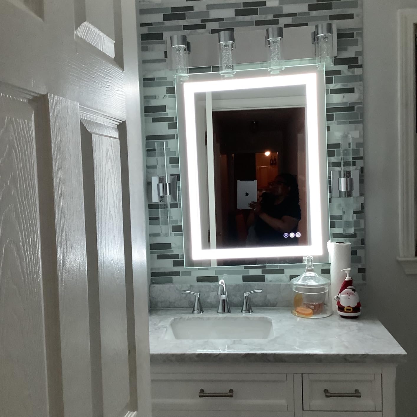 Keonjinn 40 x 24 Inch LED Bathroom Mirror with Lights, Bluetooth Speaker | Frontlit & Backlit Bluetooth Mirror Bathroom, Dimmable 3-Color Lights, HD Tempered Glass, Anti-Fog, CRI90+, Plug-in/Hardwired customer photo 2