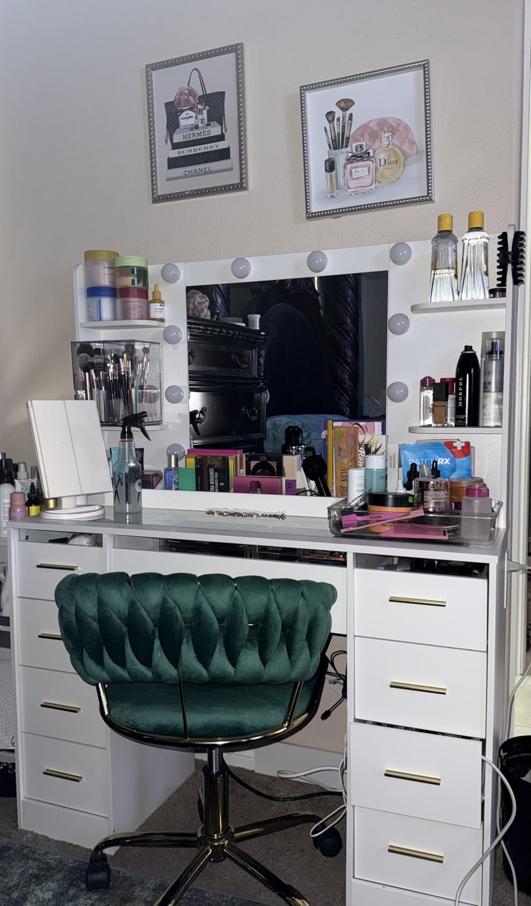 ANWBROAD Large Vanity Desk with Mirror and Lights & Transparent Glass Top | 3 Colors Makeup Vanity Table Set with 9 RGB Drawers, Power Outlet, White Vanity Stool and 4 Shelves for Bedroom Women UBDT94W customer photo 1