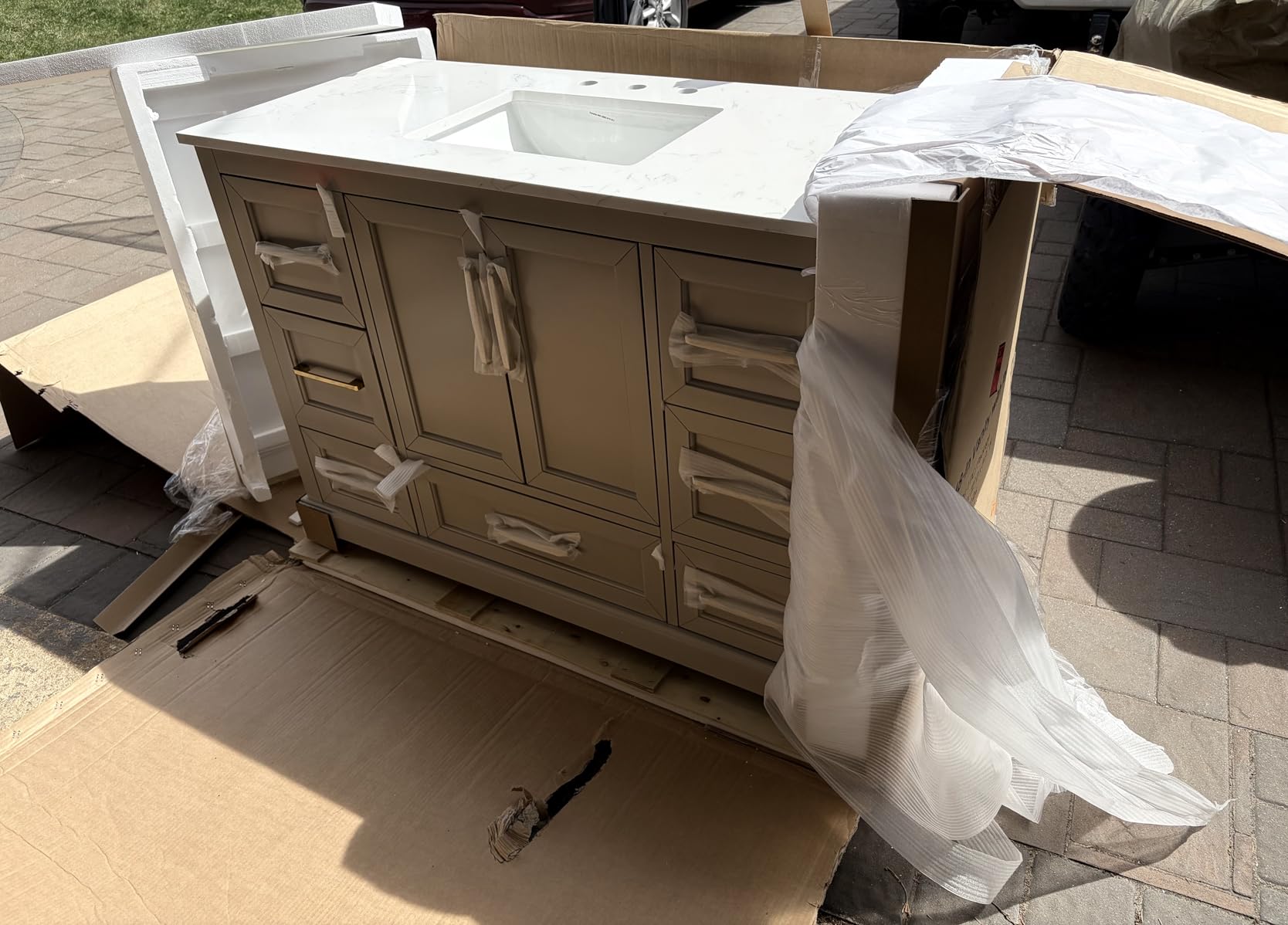 60 Inch Bathroom Vanity with Double Sink Combo, Greige | Solid Wood Frame with Marble Top & Backsplash, Fully-Assembled with 4 Soft-Closing Doors & 5 Dovetail Drawers customer photo 1