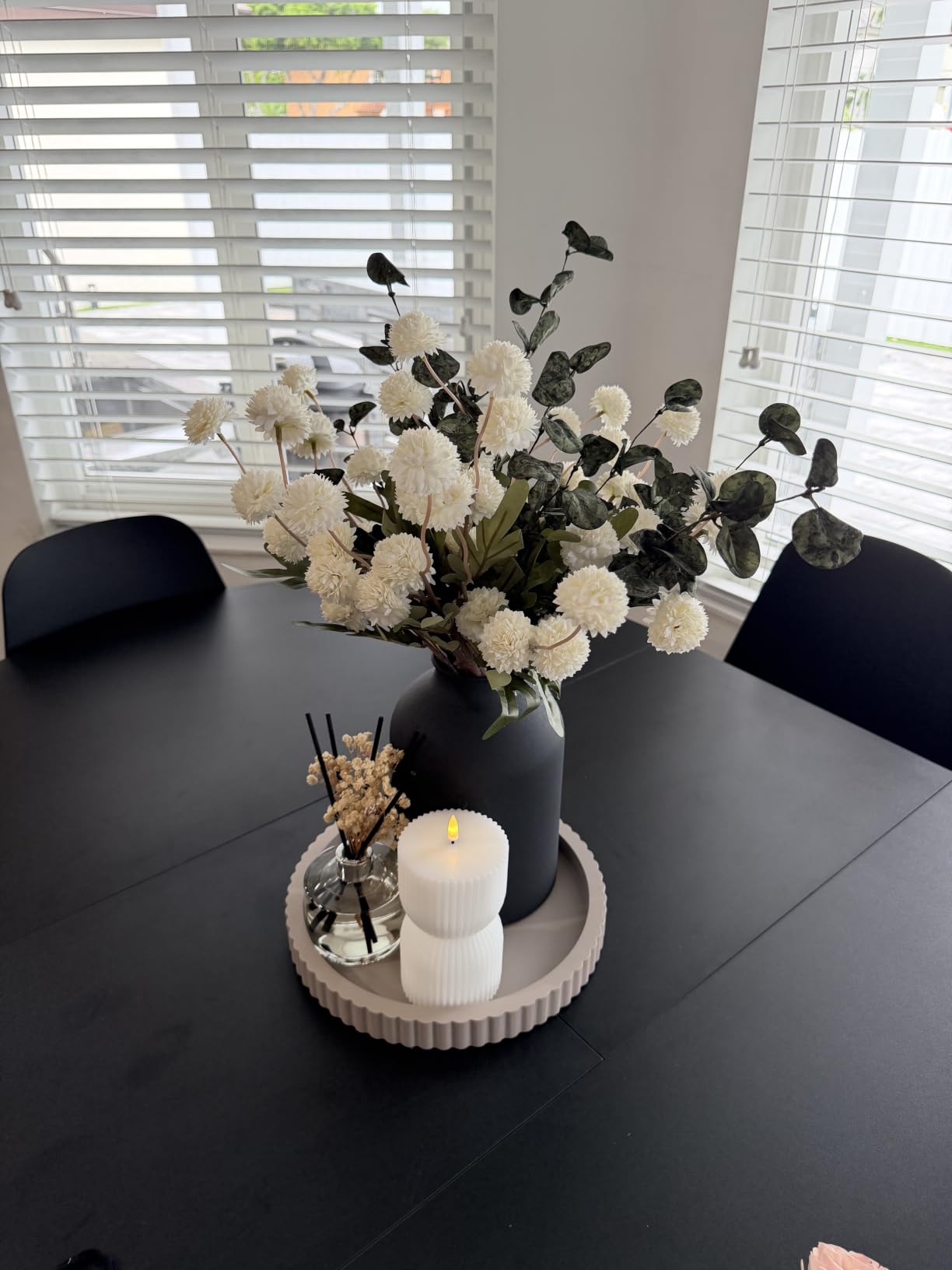 BLOSMON Fake Flowers Centerpieces for Tables, Beige Mums for Dining Room | With Metal Vase 12 Stems of Artificial Pom Pom Eucalyptuses, Faux Floral Arrangements in Vase for Entry Way Table, Home Decor customer photo 2