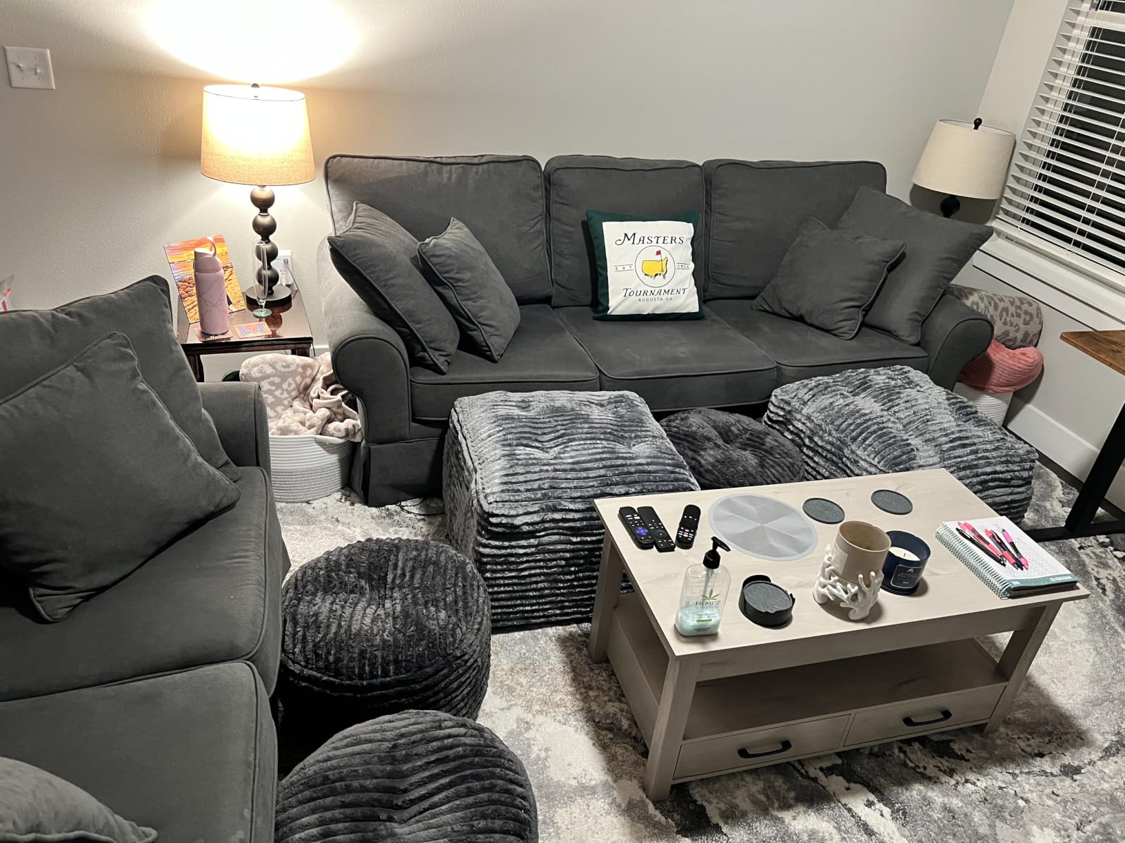 23.6in Pouf Ottoman, Corduroy Footstool Foot Rest Floor Seating | Dual-layer support with soft chunk-foam top & firm base. Ideal floor footrest & extra seating for living room, Dark Gray customer photo 1