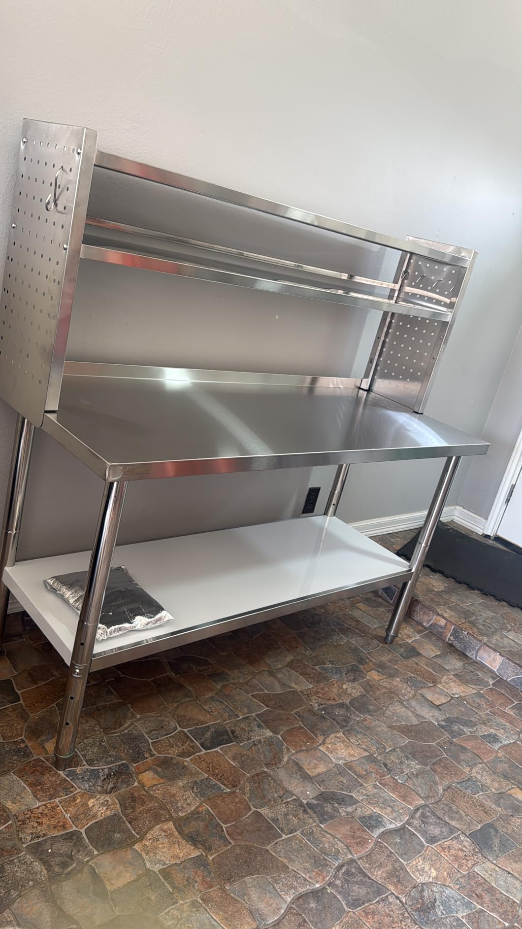 CAMMOO 60x24 NSF Stainless Steel Prep Table with Shelf & Casters Work Bench | Adjustable Shelf, 2-Tier Overshelf and Side Pegboard Panels Keep Tools, Bins and Ingredients Visible and Within Reach customer photo 2