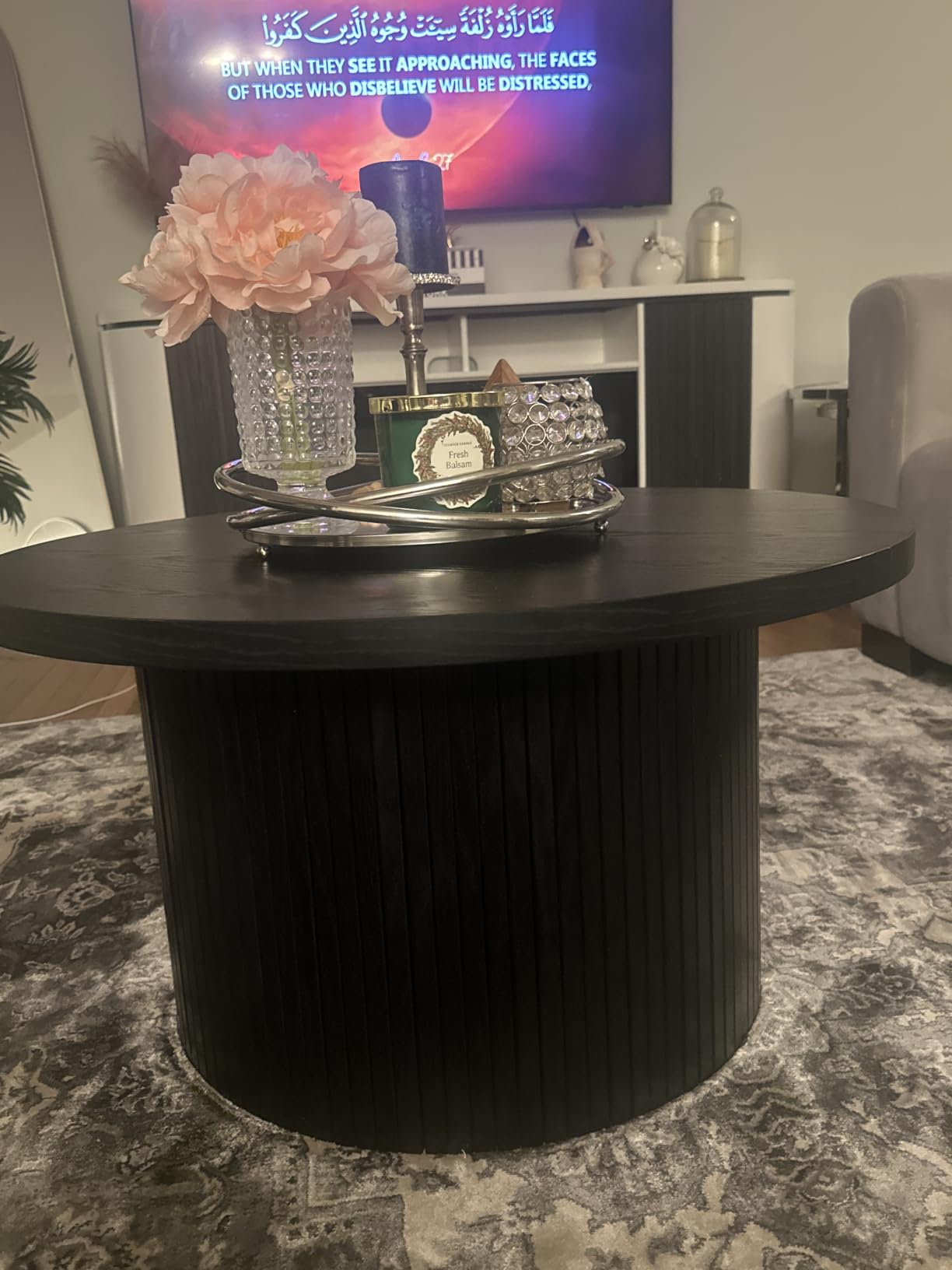 ONBRILL 31.5 inch Round Coffee Table, Tambour Design, Marble Color | Center Table, Circle Coffee Table, Mid Century Modern Style, Wooden, for Living Room, Office, Apartment customer photo 1