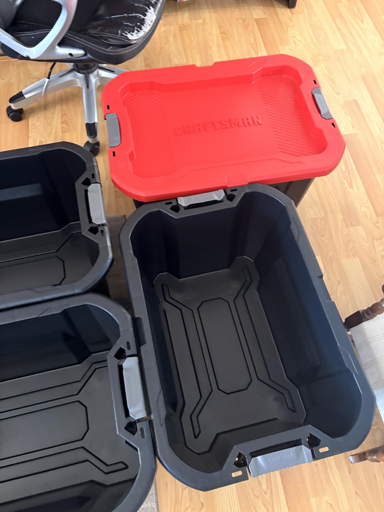 CRAFTSMAN 20-Gallon Heavy Duty Plastic Storage Bins with Lids, 4 Pack | 20-gal stackable storage totes with dual latching lids, Weather-resistant, 14.3H x 19.7W x 28.2D, Garage & home organization customer photo 2