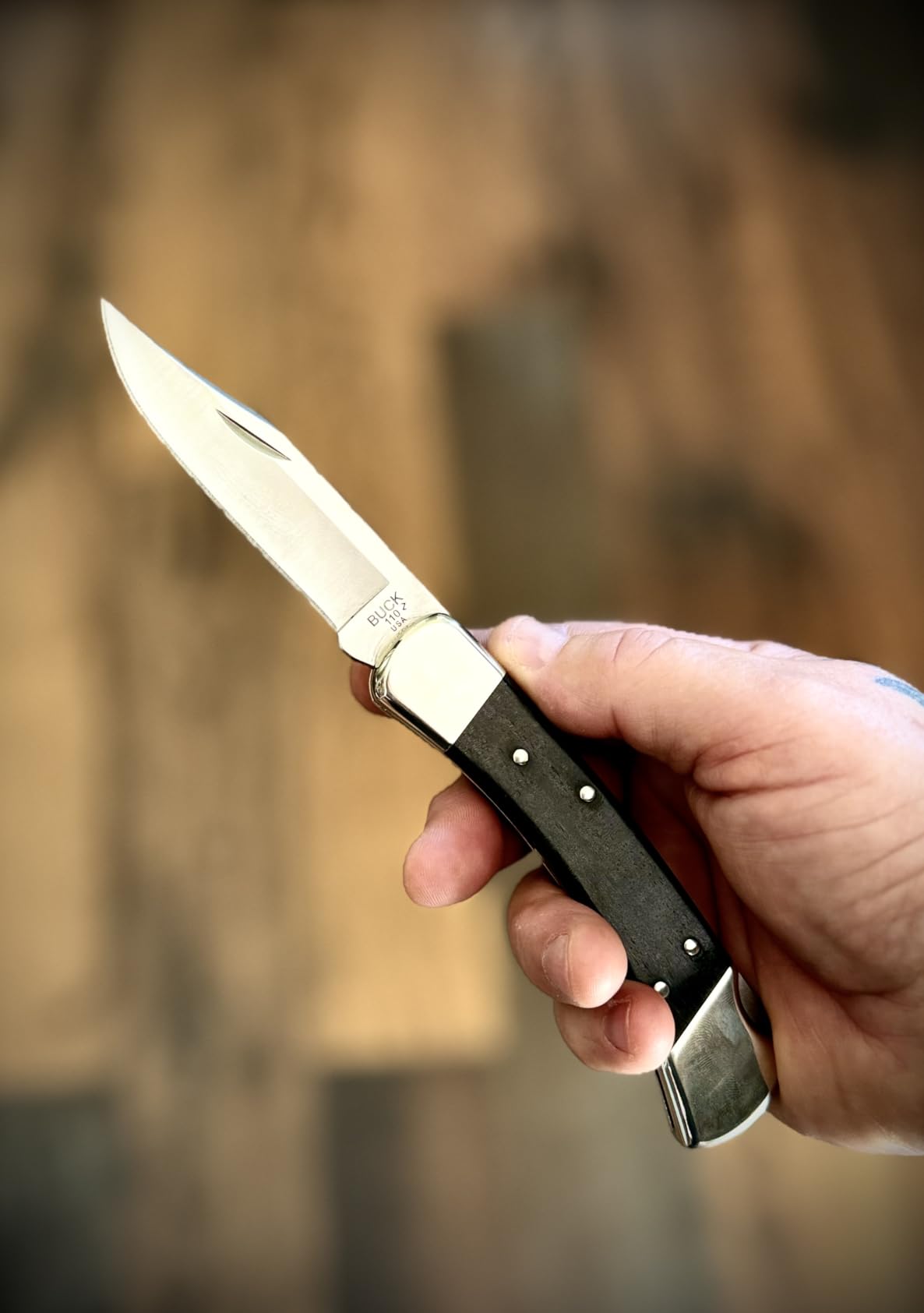 Buck Knives 110 Folding Hunter Lock-back Knife, Brass Bolsters, Ebony Handles, 3-3/4