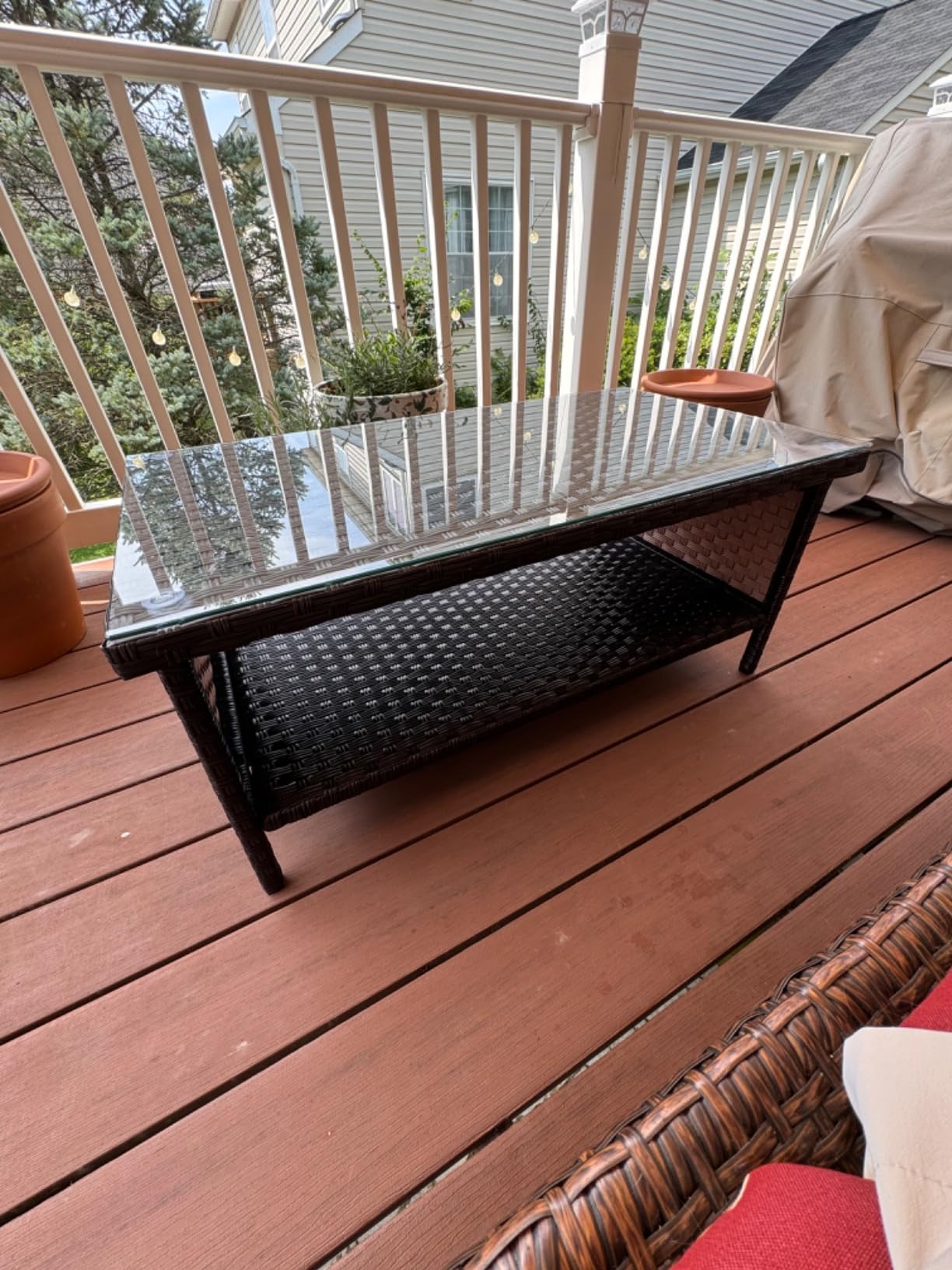 Outdoor Wicker Coffee Table Patio Furniture Garden Rattan 2-Layer Glass Table with Storage and Furniture Cover, Black customer photo 2