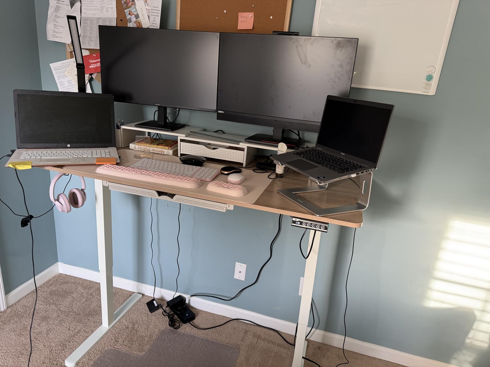 SHW 55 x 28 Electric Height Adjustable Standing Desk w/Drawer, Maple | w/ Memory Presets and Cable Management | Drawer with adjustable compartments | Hanging Hooks customer photo 1